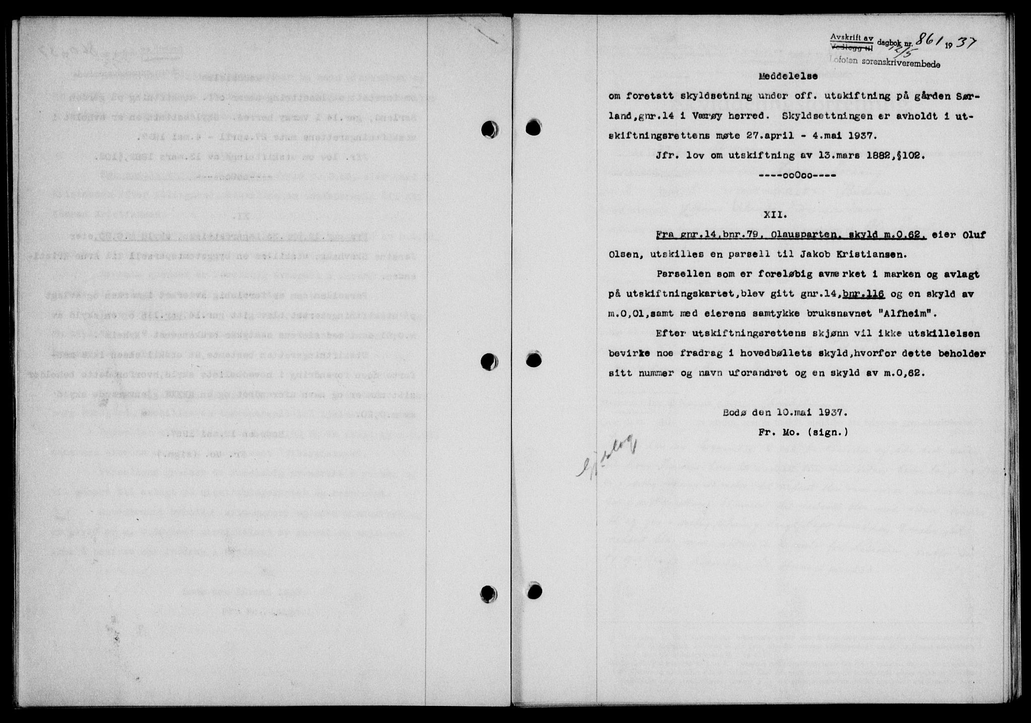 Lofoten sorenskriveri, SAT/A-0017/1/2/2C/L0002a: Mortgage book no. 2a, 1937-1937, Diary no: : 861/1937