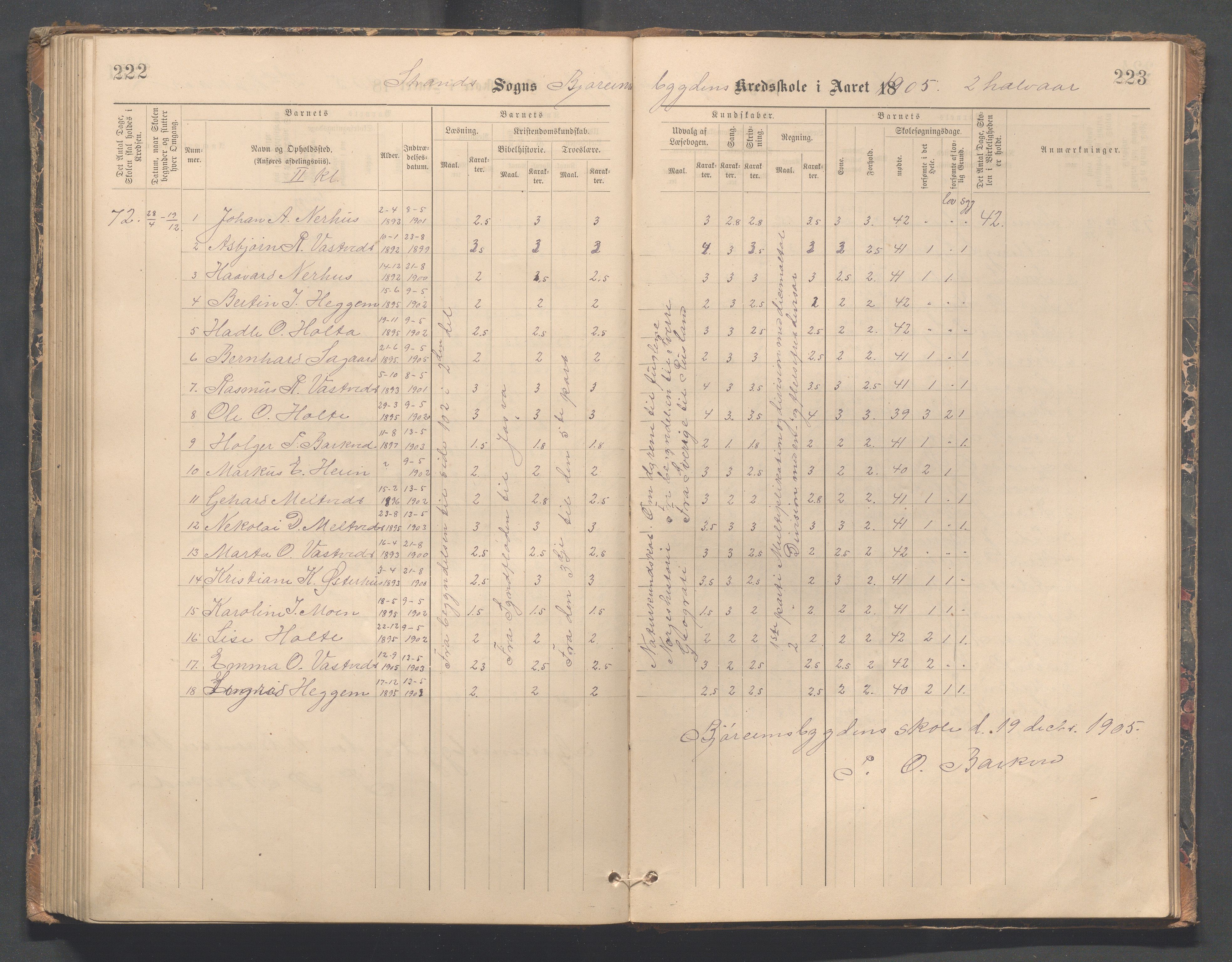 Strand kommune - Bjørheimsbygd skole, IKAR/A-147/H/L0002: Skoleprotokoll for Bjørheimsbygd og Lekvam krets, 1891-1907, p. 222-223