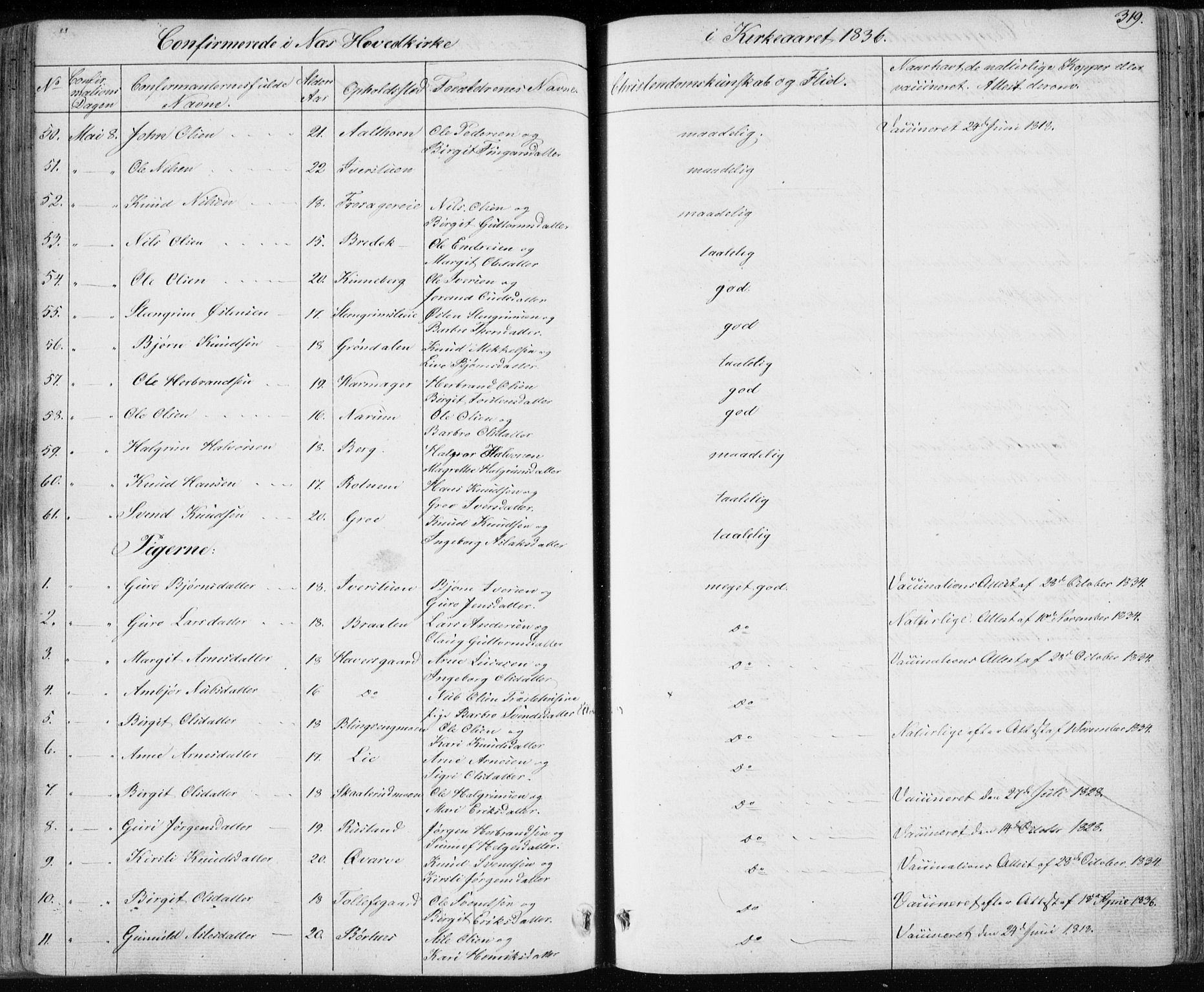 Nes kirkebøker, SAKO/A-236/F/Fa/L0009: Parish register (official) no. 9, 1834-1863, p. 319