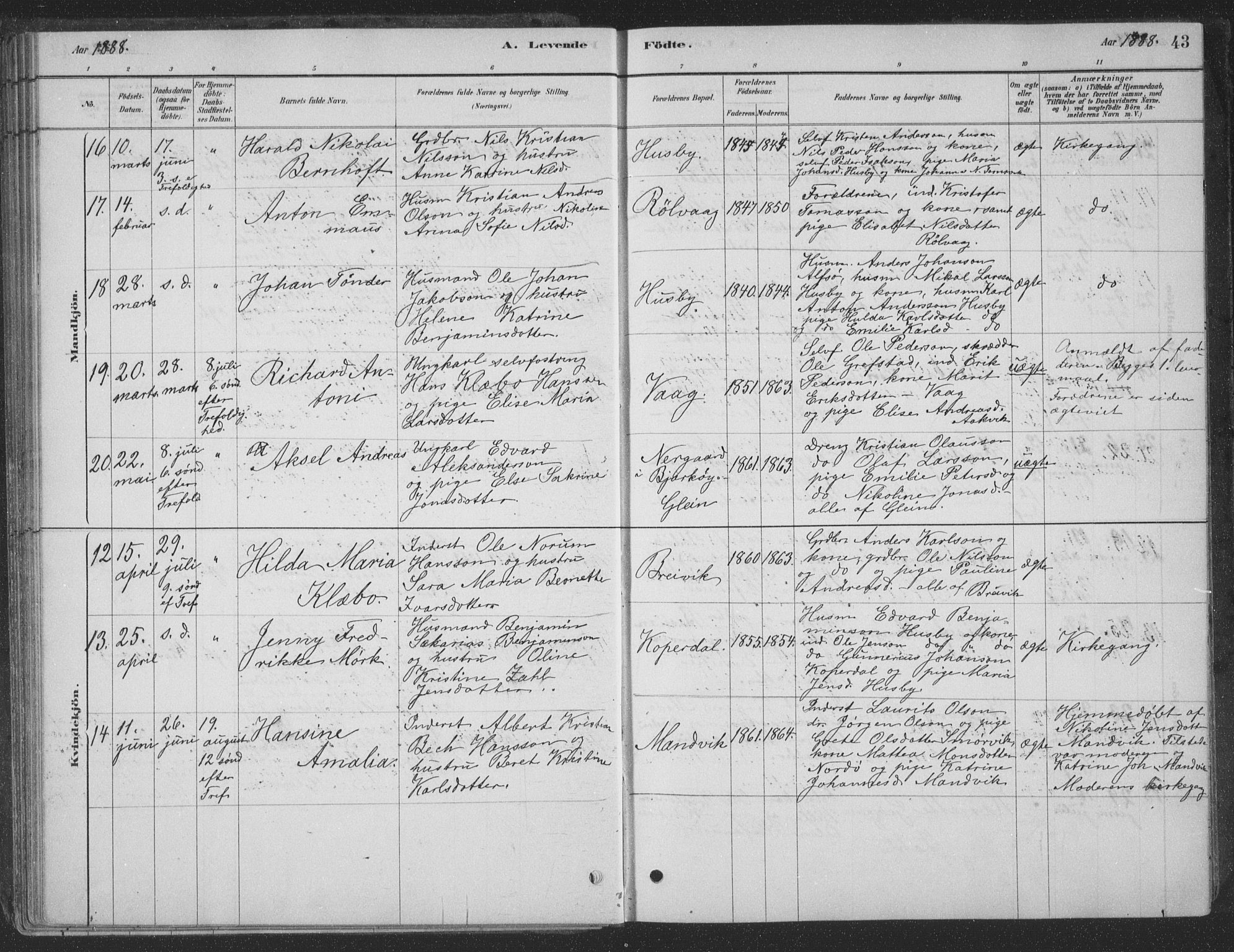 Ministerialprotokoller, klokkerbøker og fødselsregistre - Nordland, AV/SAT-A-1459/835/L0532: Parish register (copy) no. 835C04, 1880-1905, p. 43