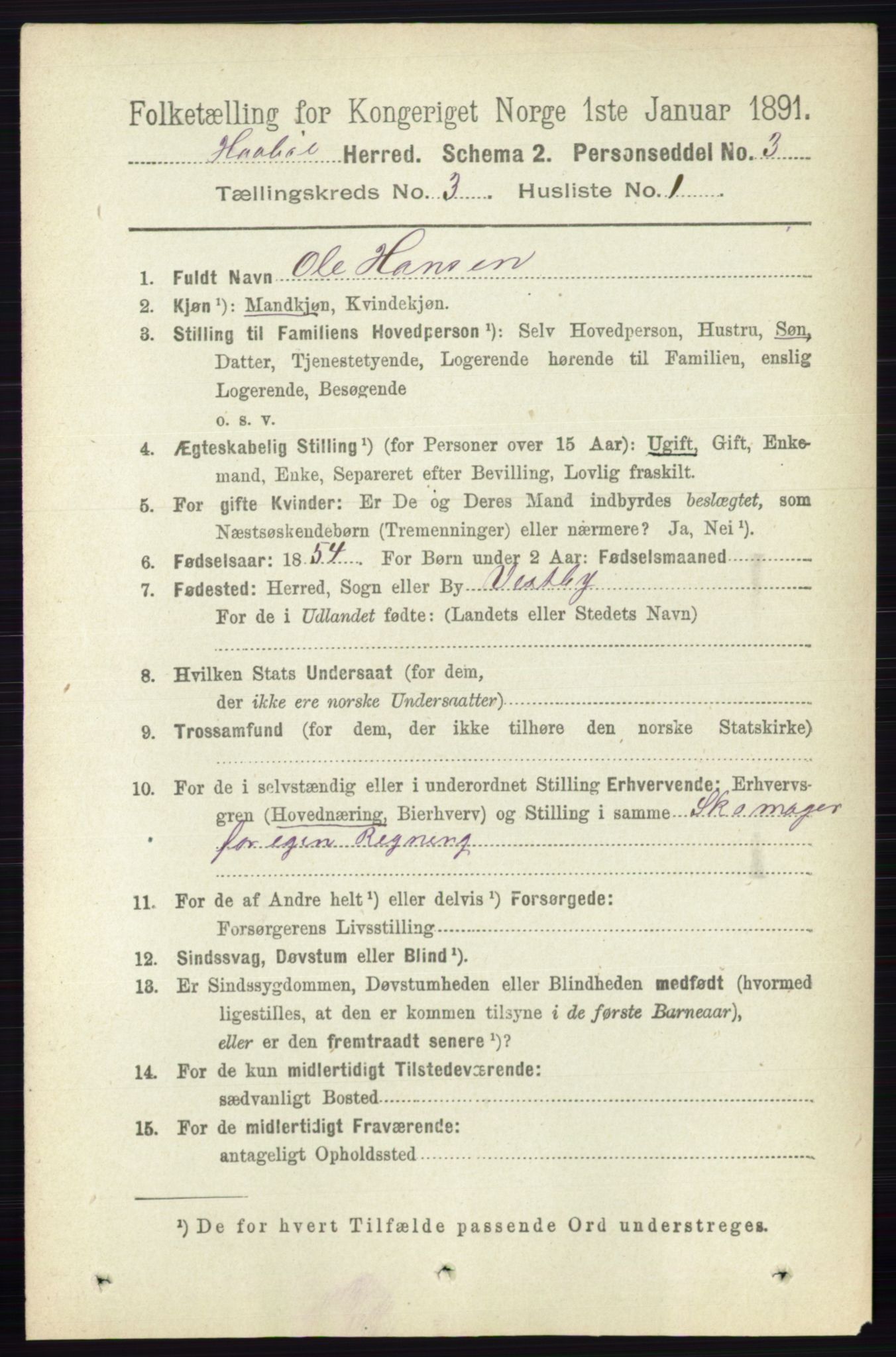 RA, 1891 census for 0138 Hobøl, 1891, p. 1713