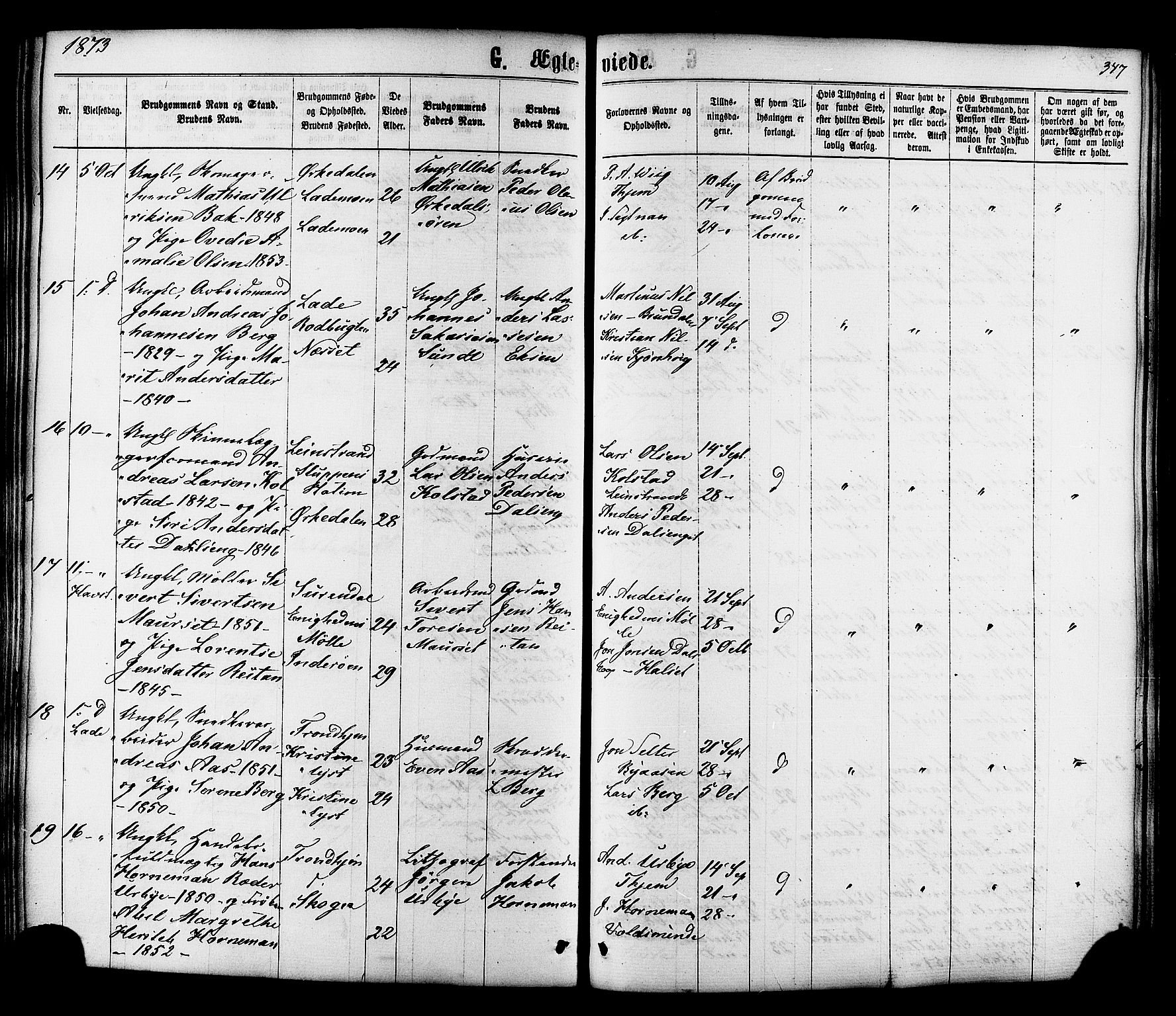 Ministerialprotokoller, klokkerbøker og fødselsregistre - Sør-Trøndelag, AV/SAT-A-1456/606/L0293: Parish register (official) no. 606A08, 1866-1877, p. 347