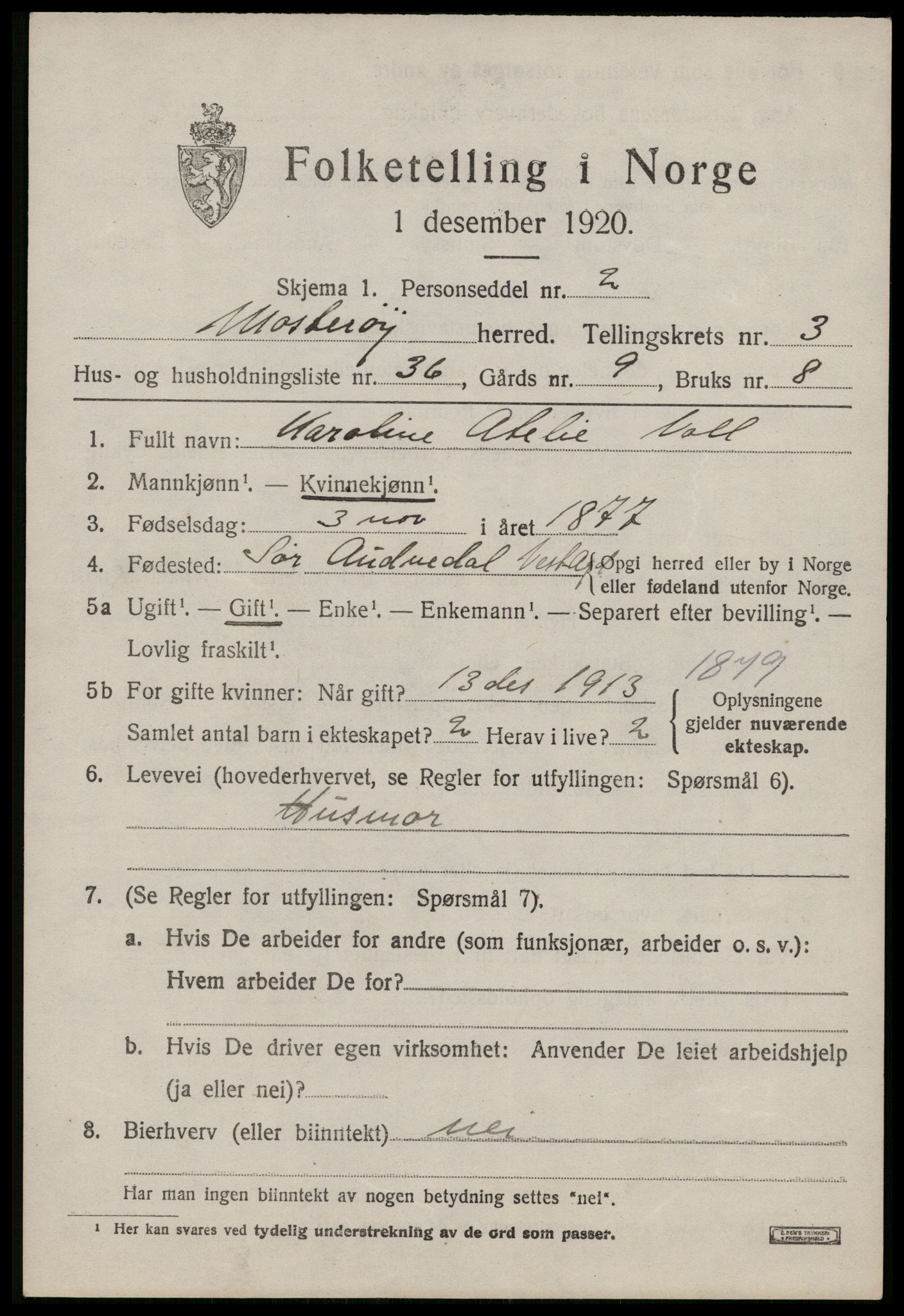 SAST, 1920 census for Mosterøy, 1920, p. 1442