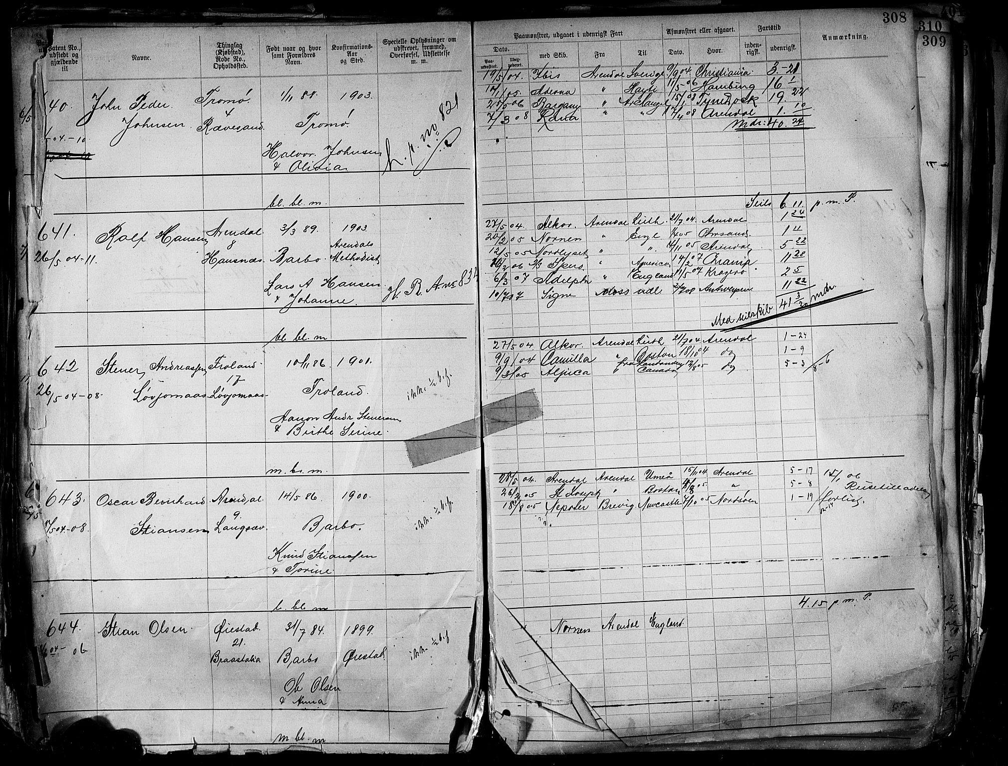 Arendal mønstringskrets, SAK/2031-0012/F/Fa/L0004: Annotasjonsrulle nr 3828-4715 og nr 1-1296, S-4, 1892-1918, p. 319