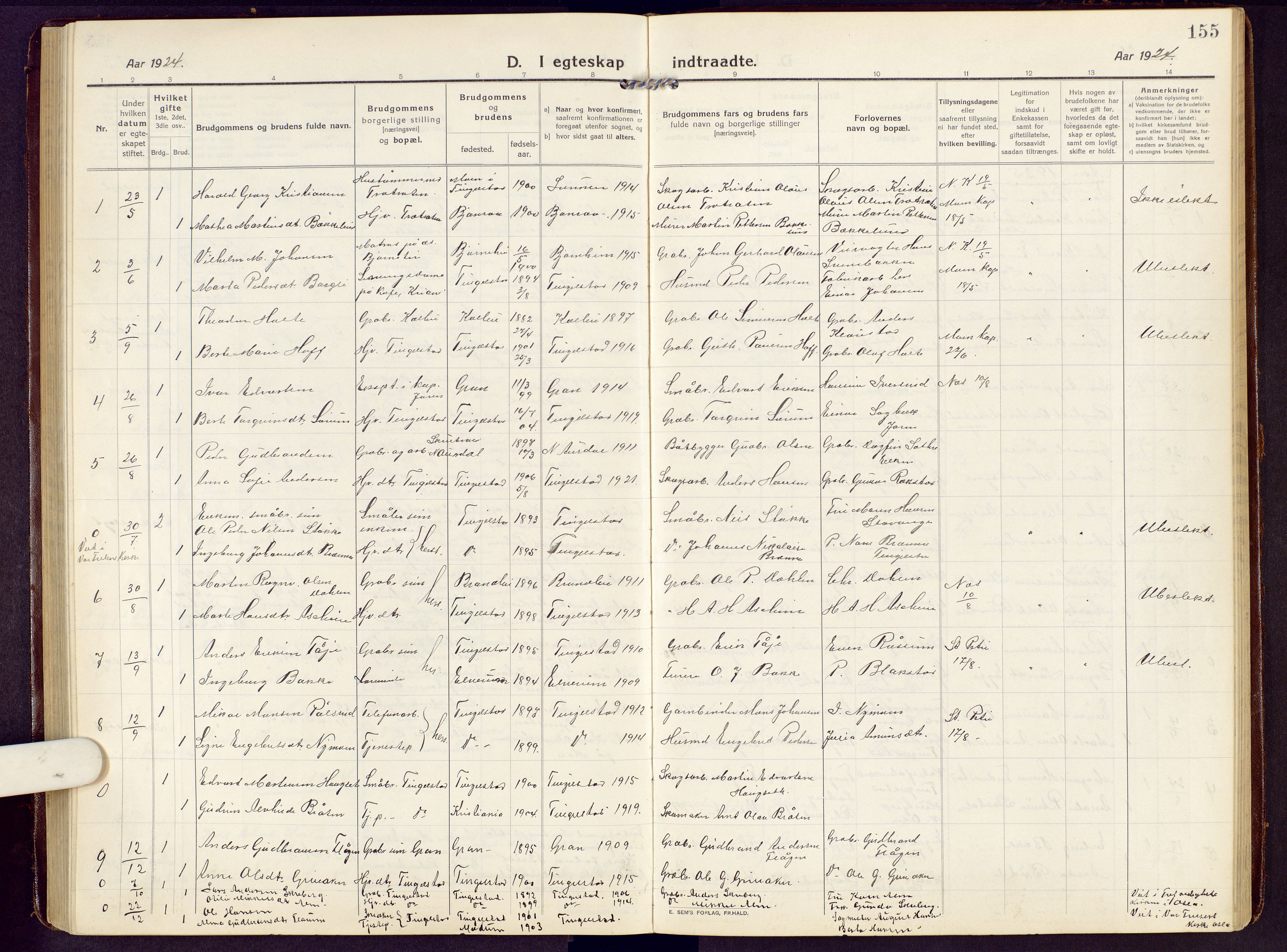 Brandbu prestekontor, SAH/PREST-114/H/Ha/Hab/L0010: Parish register (copy) no. 10, 1916-1930, p. 155