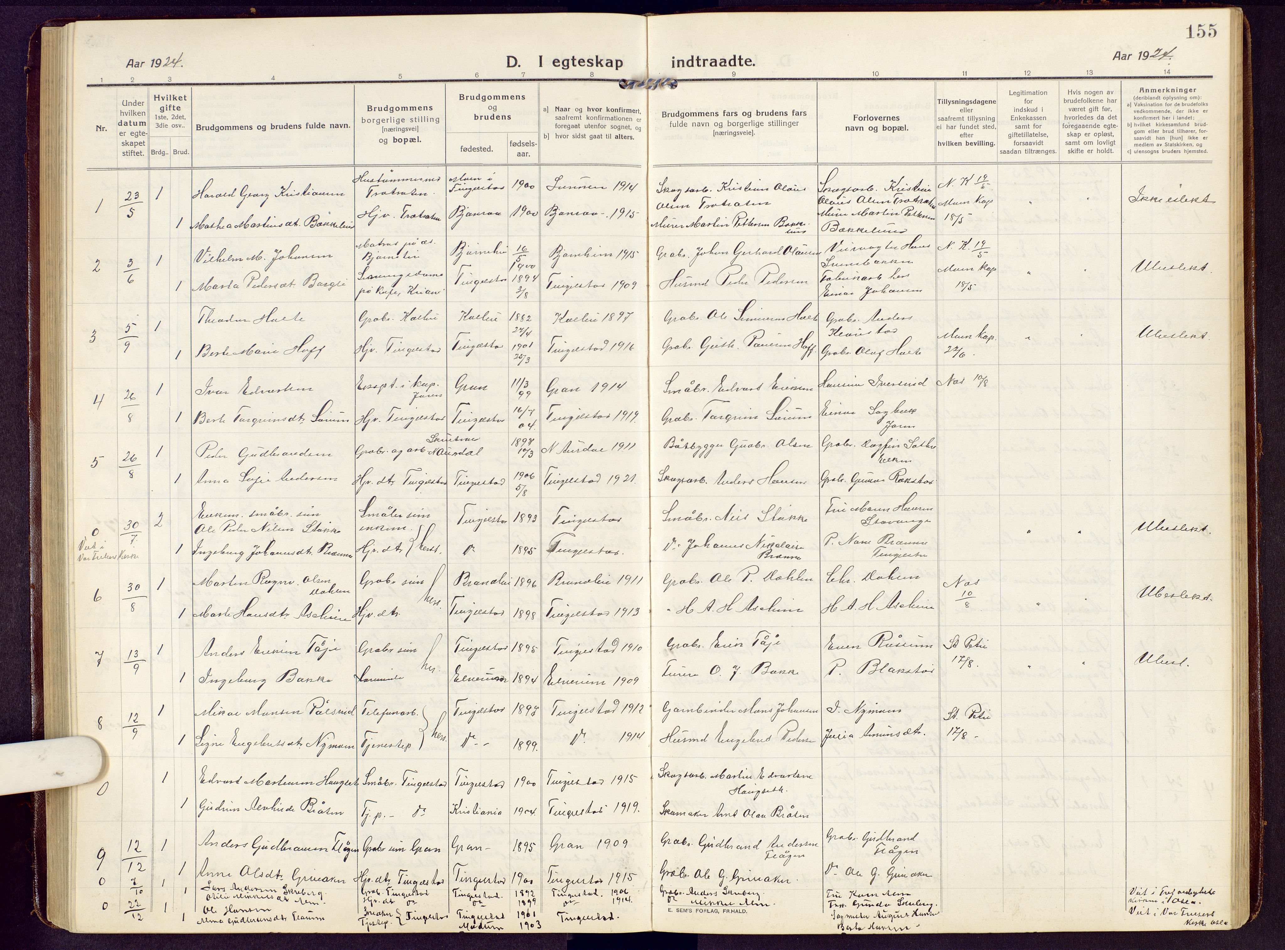 Brandbu prestekontor, AV/SAH-PREST-114/H/Ha/Hab/L0010: Parish register (copy) no. 10, 1916-1930, p. 155