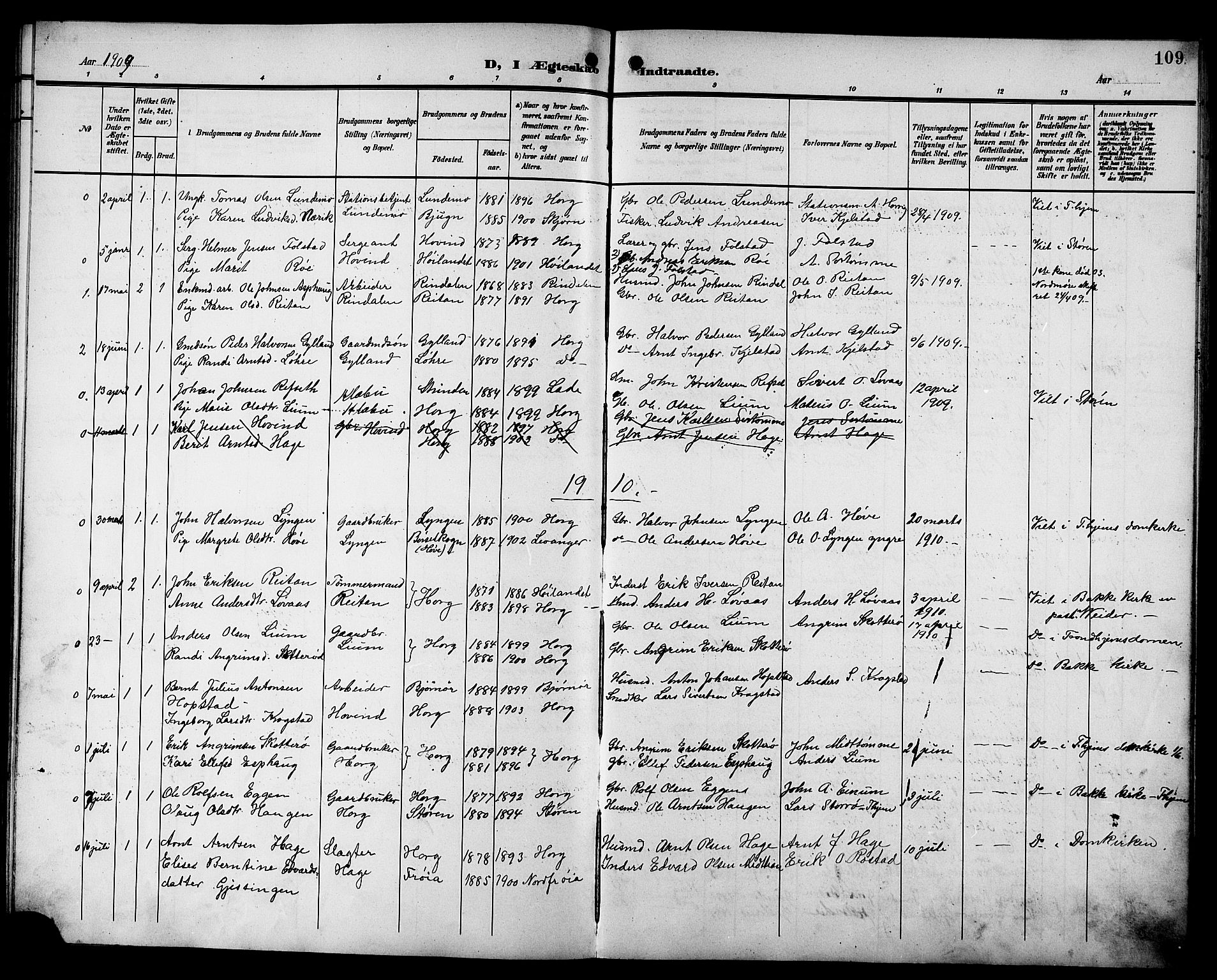 Ministerialprotokoller, klokkerbøker og fødselsregistre - Sør-Trøndelag, SAT/A-1456/692/L1112: Parish register (copy) no. 692C07, 1904-1918, p. 109