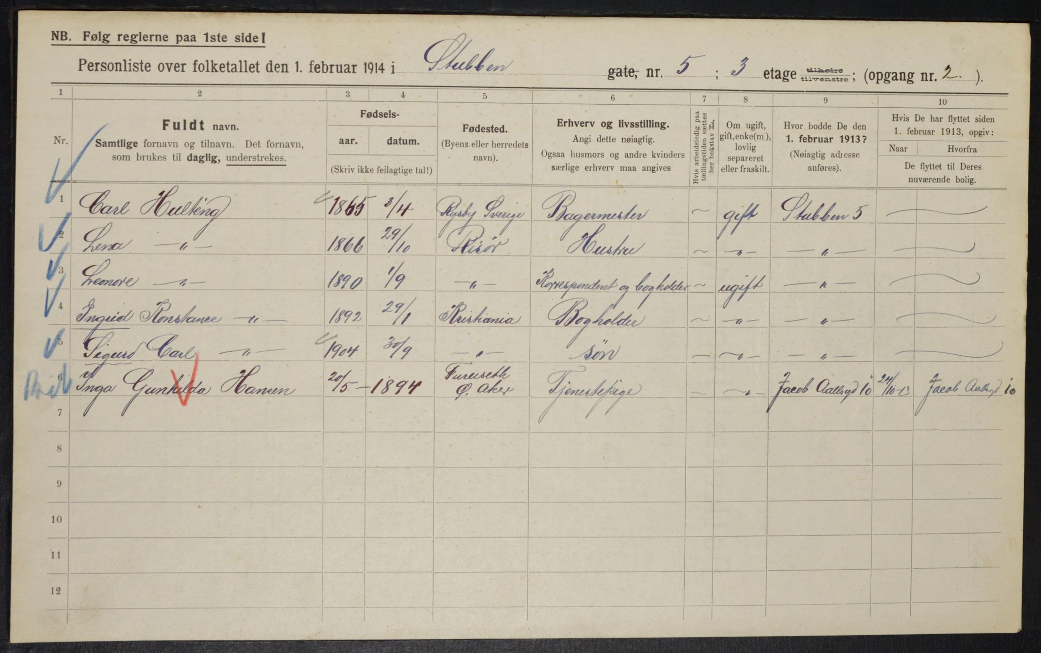 OBA, Municipal Census 1914 for Kristiania, 1914, p. 105197