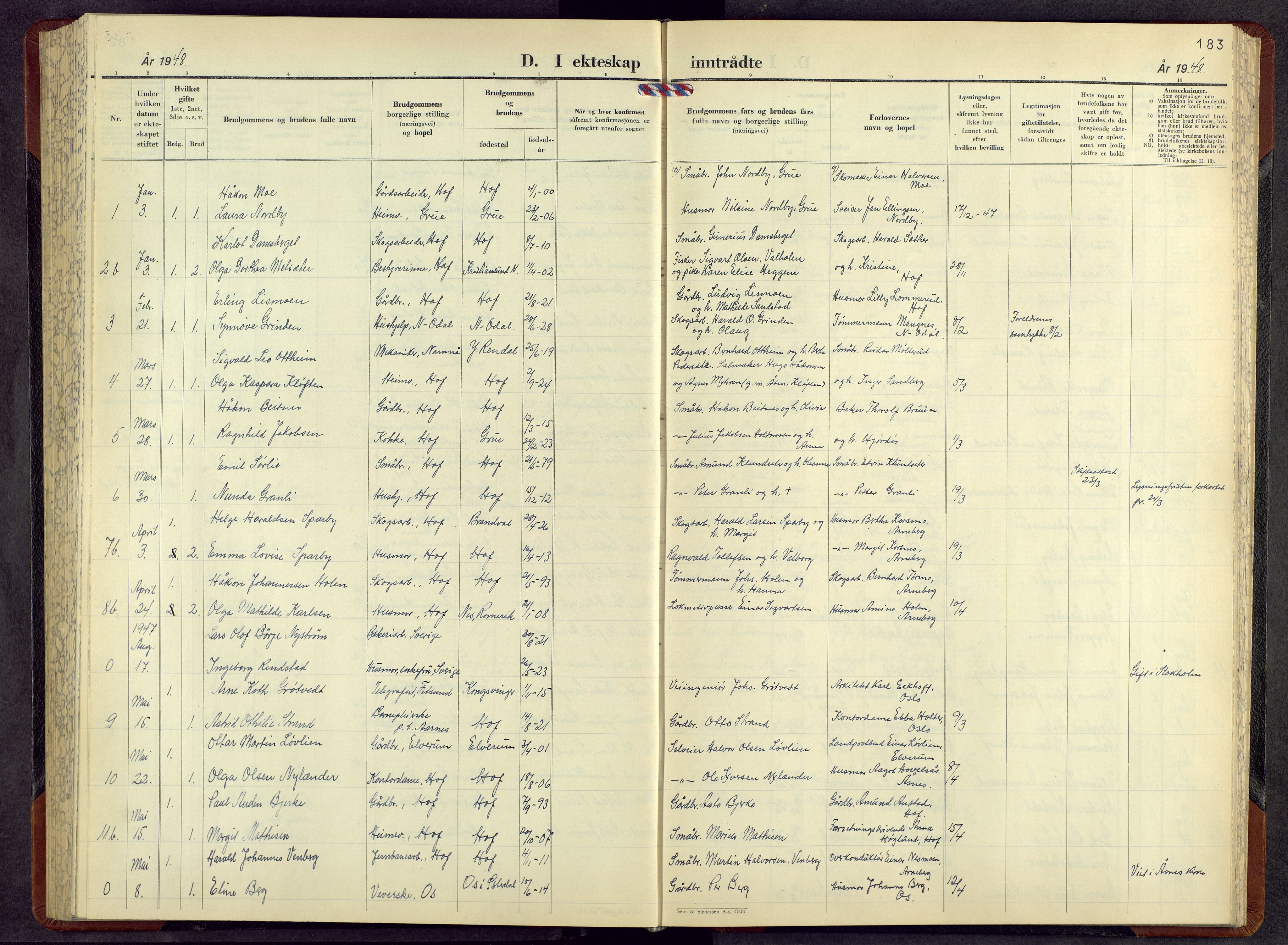 Hof prestekontor, SAH/PREST-038/H/Ha/Hab/L0004: Parish register (copy) no. 4, 1948-1967, p. 183