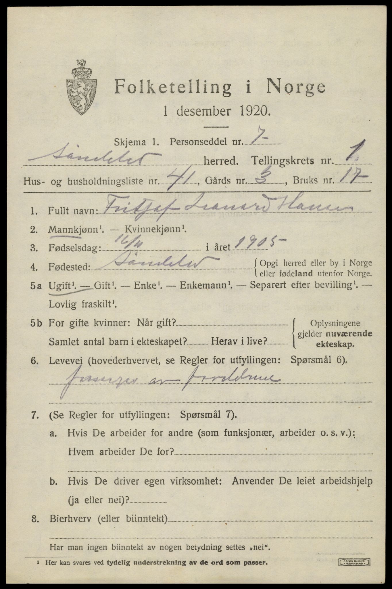 SAK, 1920 census for Søndeled, 1920, p. 1711