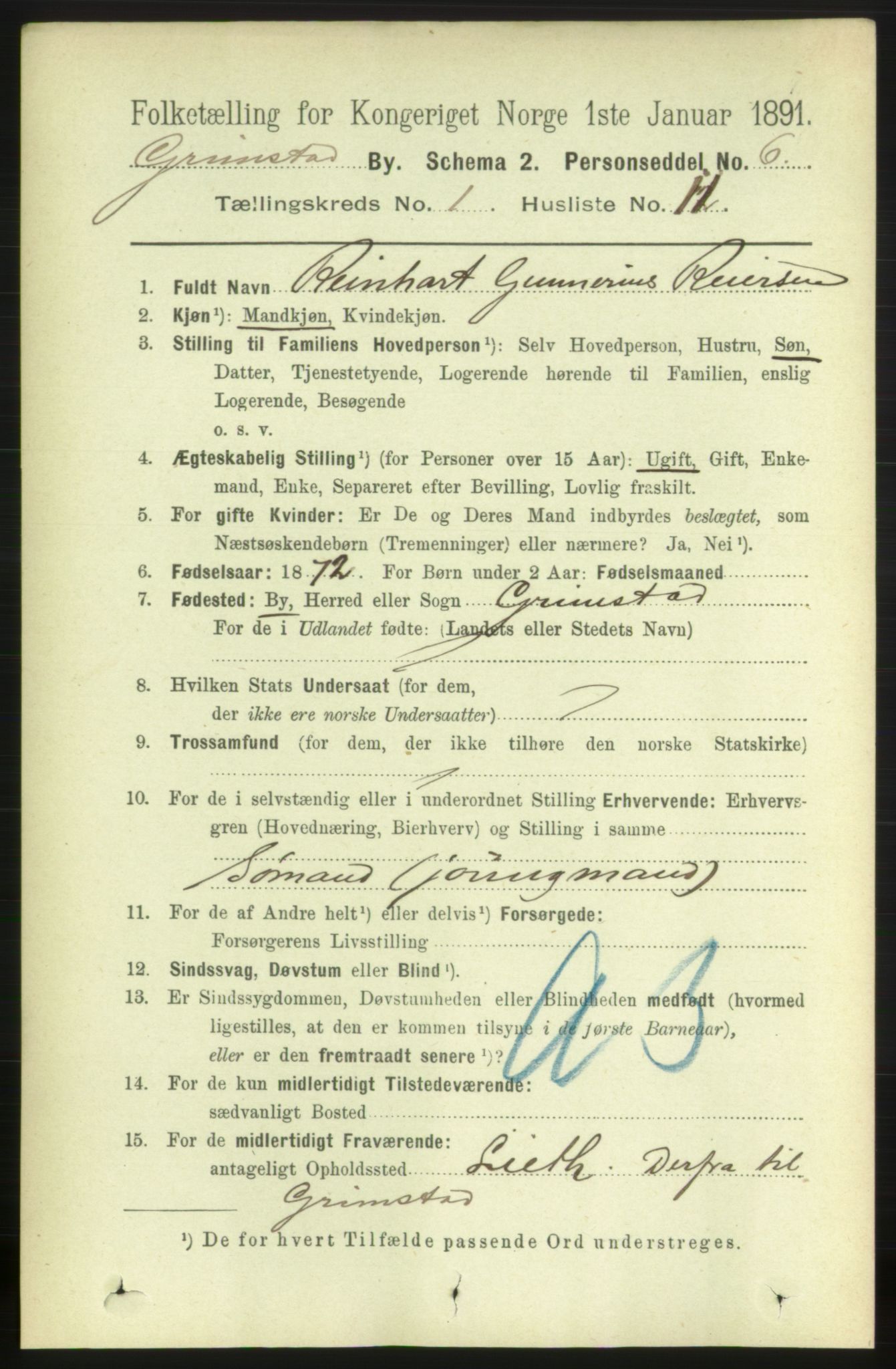 RA, 1891 census for 0904 Grimstad, 1891, p. 949