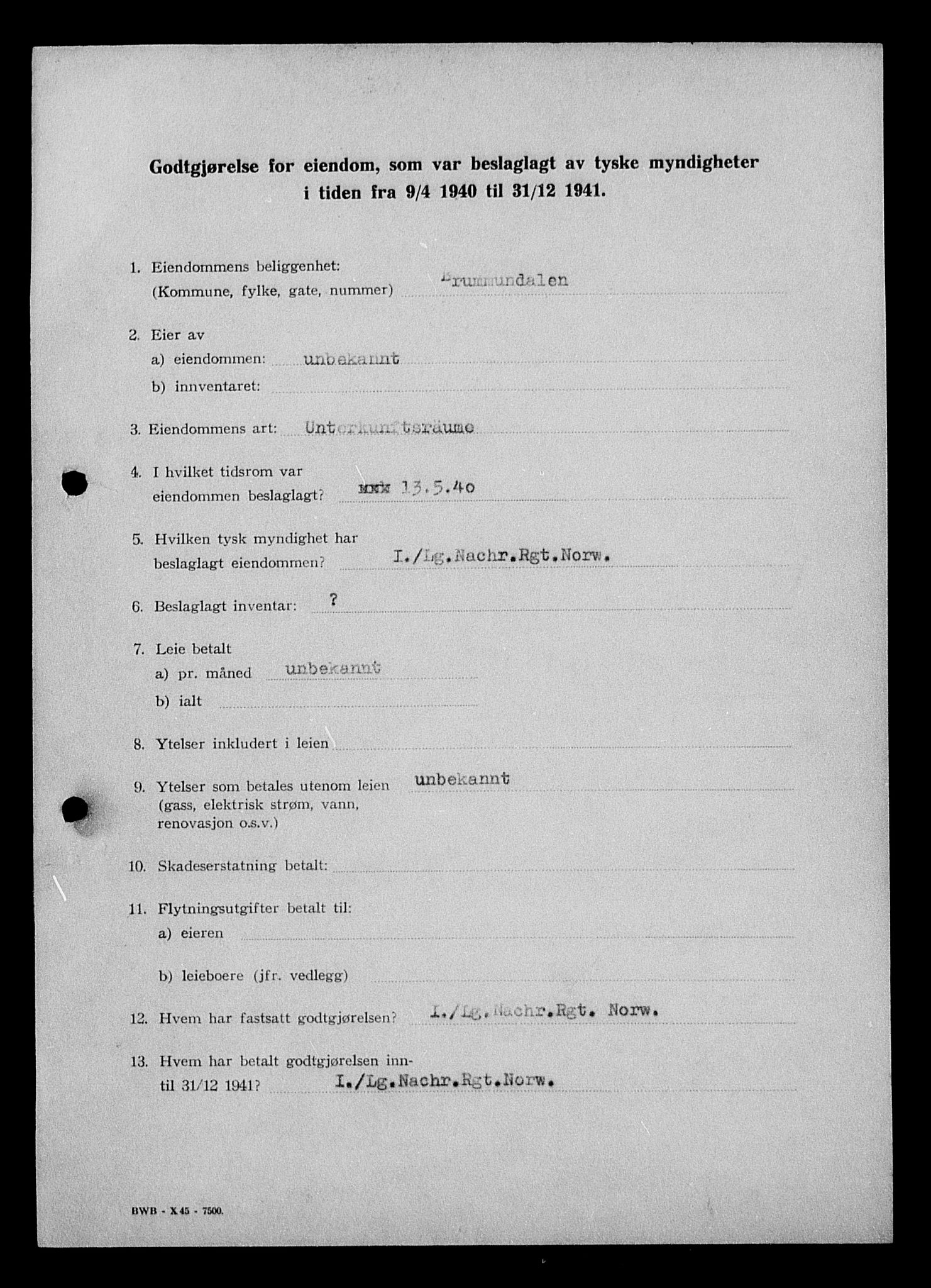 Justisdepartementet, Tilbakeføringskontoret for inndratte formuer, RA/S-1564/I/L1012: Godtgjørelse for beslaglagt eiendom, 1940-1941, p. 43