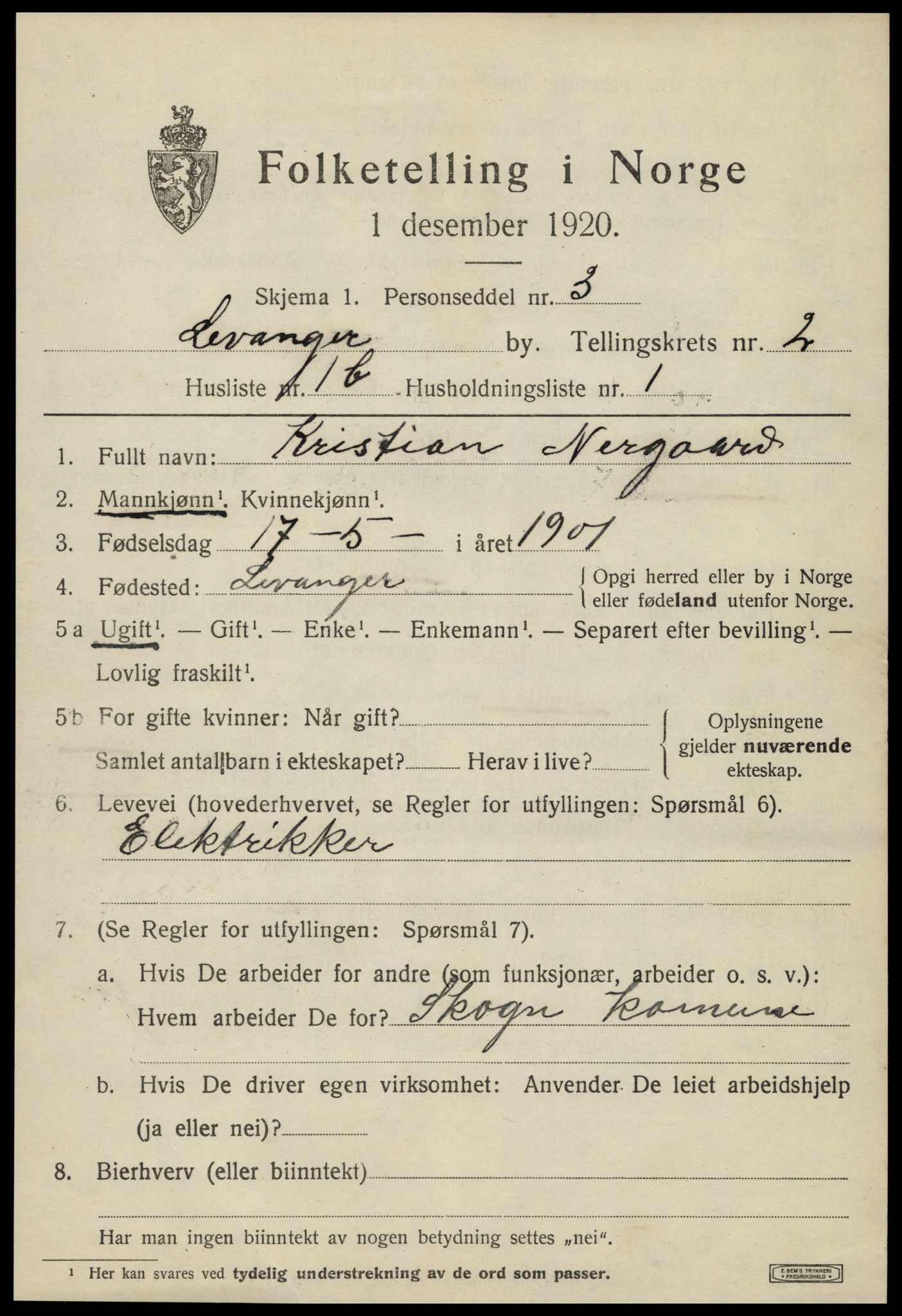 SAT, 1920 census for Levanger town, 1920, p. 2792