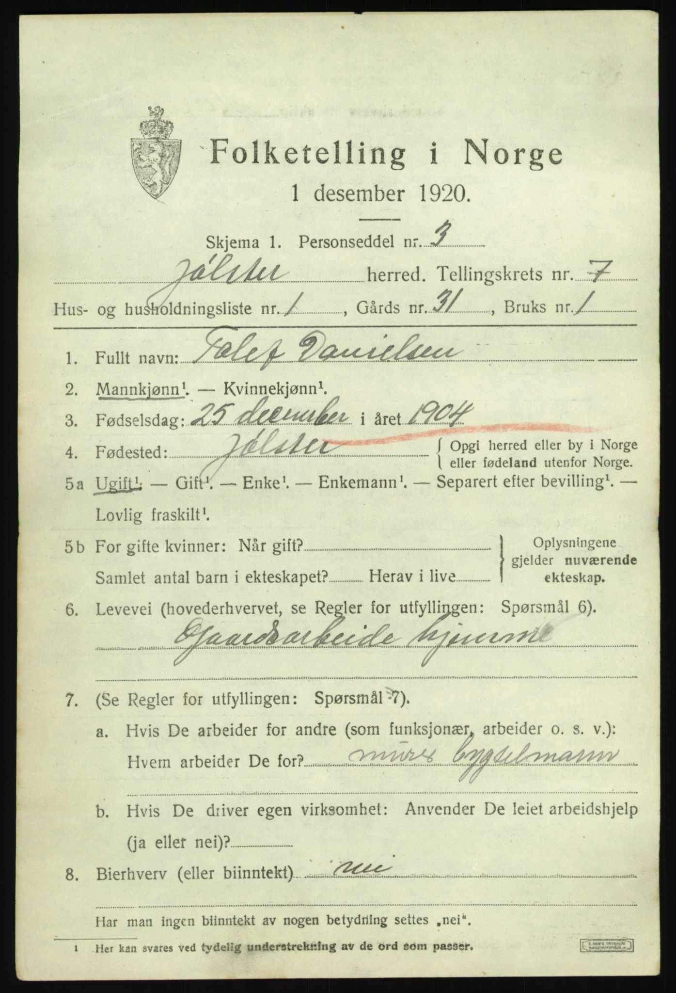 SAB, 1920 census for Jølster, 1920, p. 3584