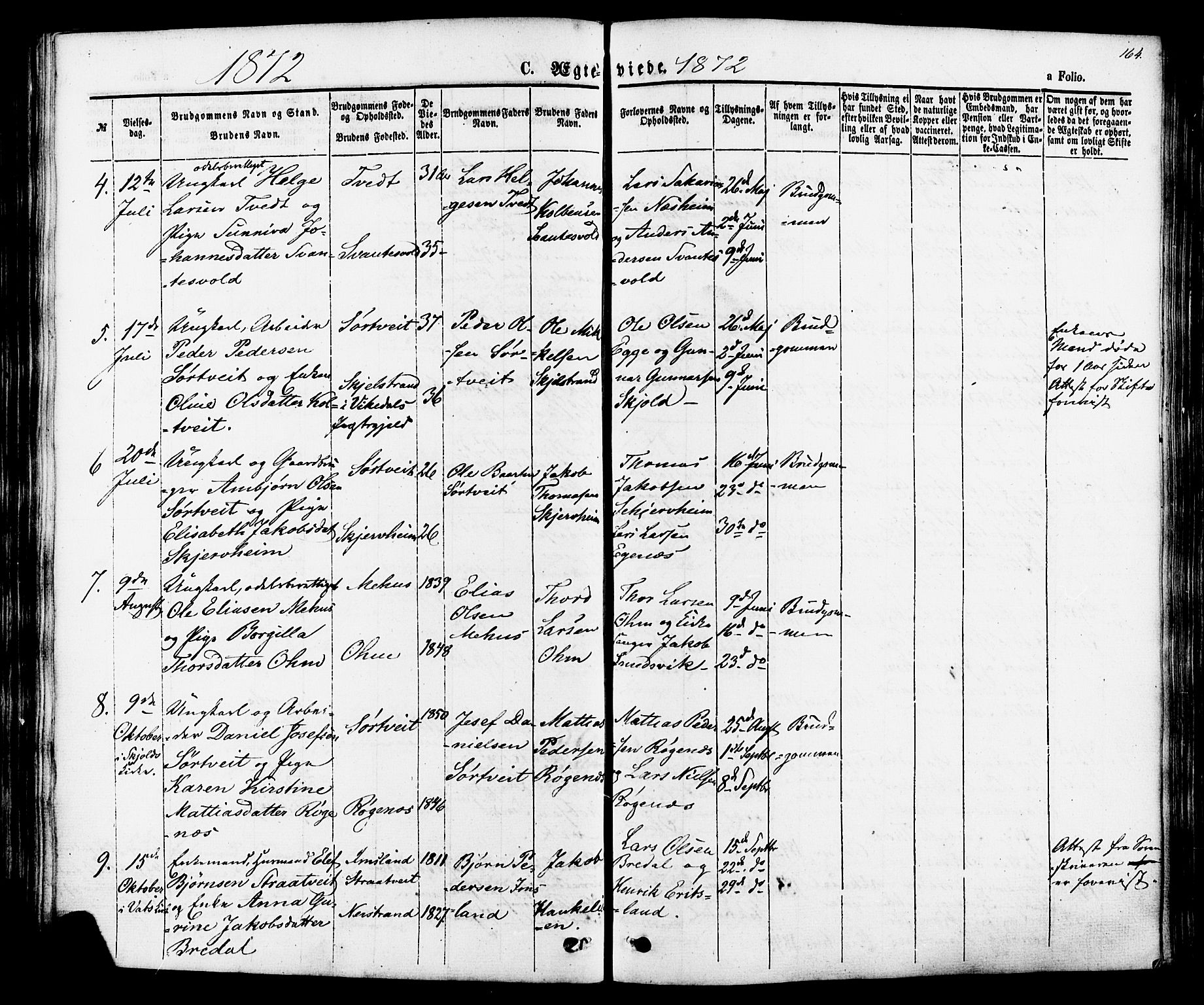 Skjold sokneprestkontor, AV/SAST-A-101847/H/Ha/Haa/L0007: Parish register (official) no. A 7, 1857-1882, p. 164