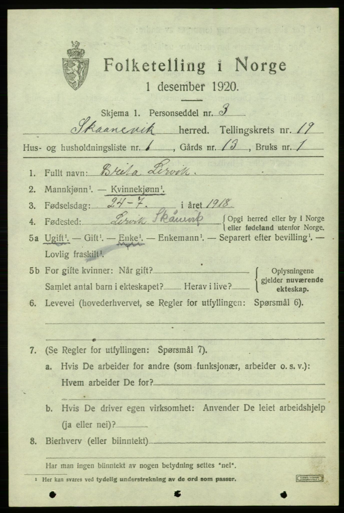 SAB, 1920 census for Skånevik, 1920, p. 6987