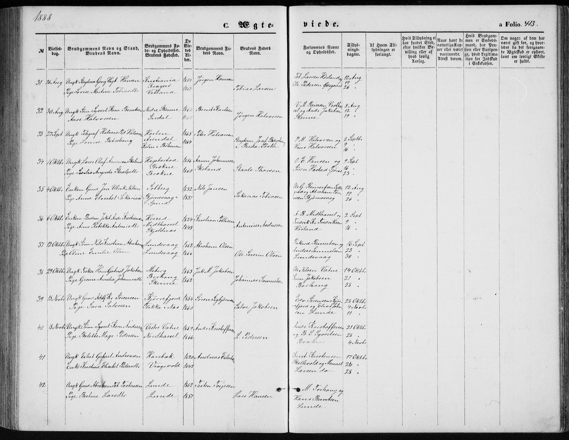 Lista sokneprestkontor, AV/SAK-1111-0027/F/Fb/L0004: Parish register (copy) no. B 4, 1877-1891, p. 413