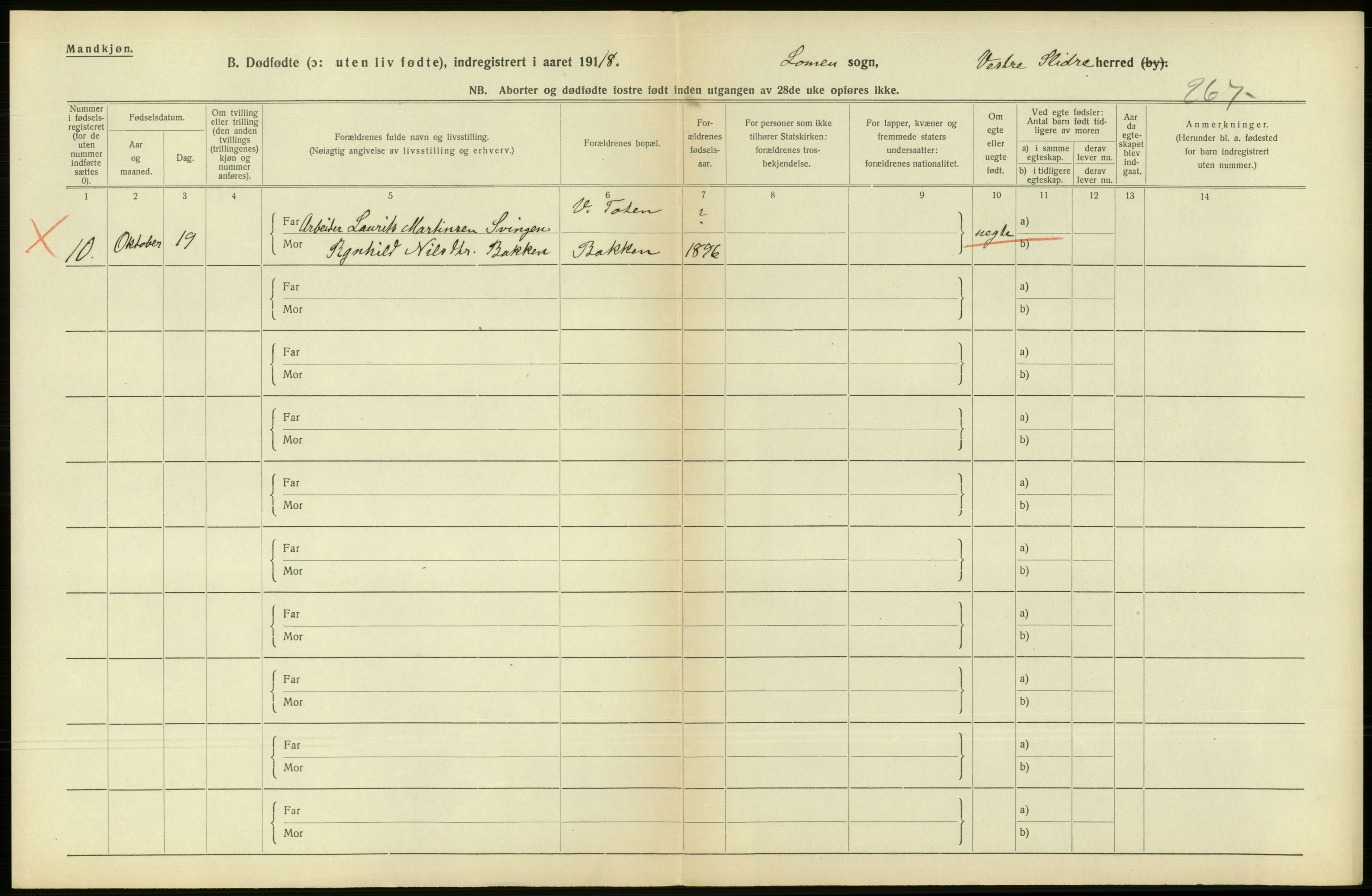 Statistisk sentralbyrå, Sosiodemografiske emner, Befolkning, RA/S-2228/D/Df/Dfb/Dfbh/L0016: Oppland fylke: Gifte, dødfødte. Bygder og byer., 1918, p. 317