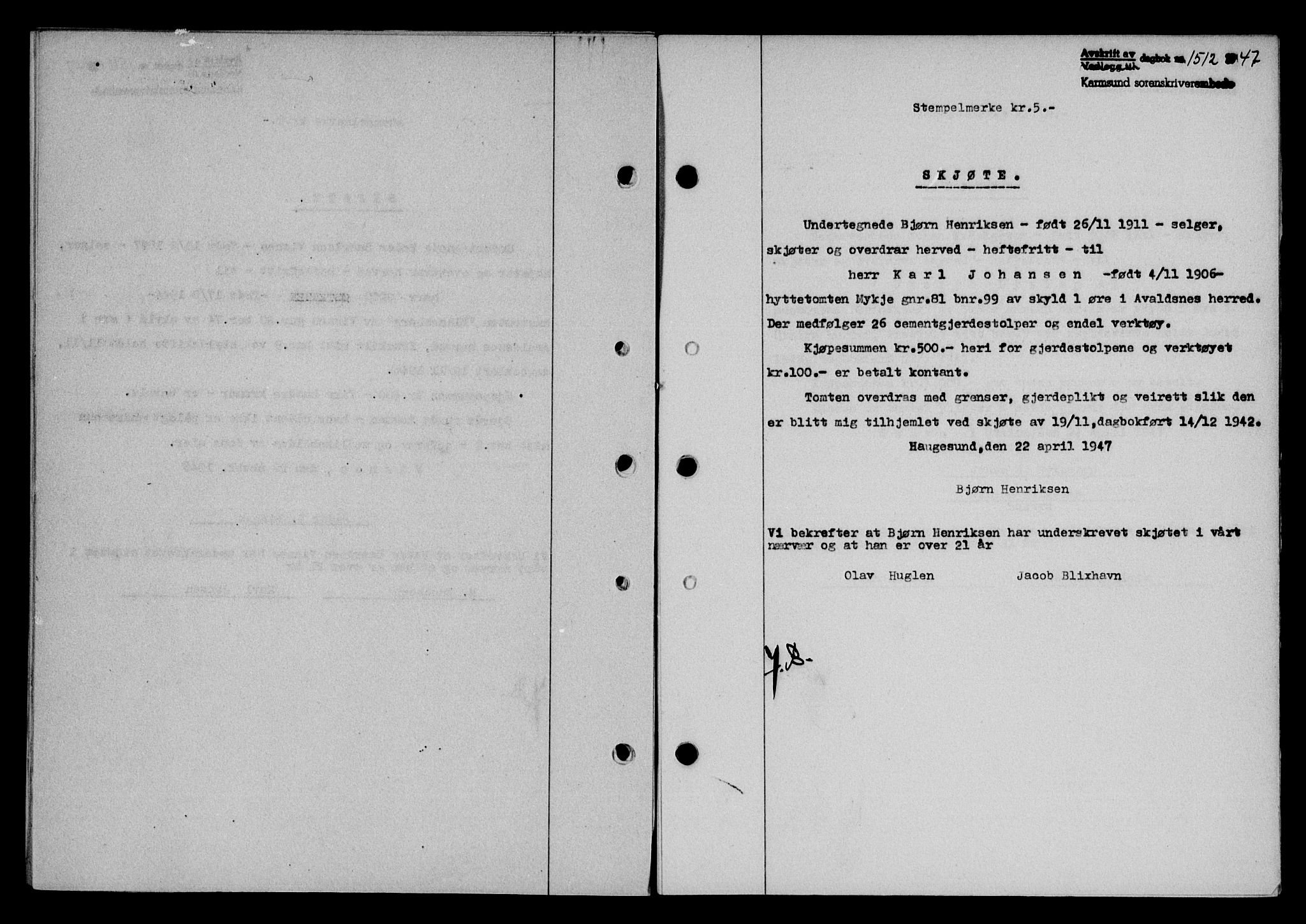 Karmsund sorenskriveri, SAST/A-100311/01/II/IIB/L0090: Mortgage book no. 70A, 1947-1947, Diary no: : 1512/1947