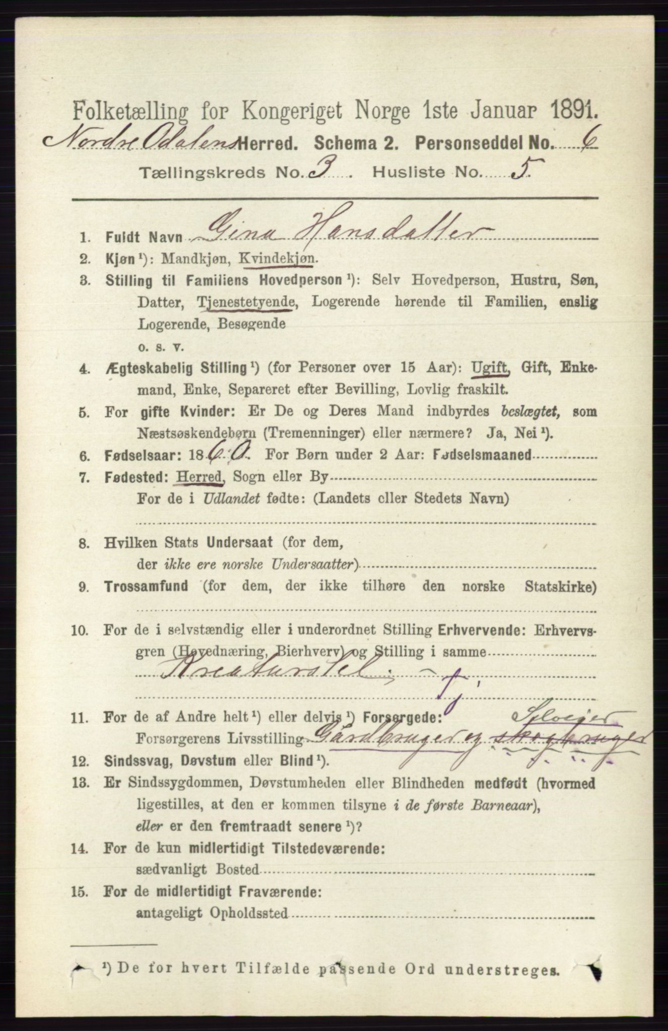 RA, 1891 census for 0418 Nord-Odal, 1891, p. 841