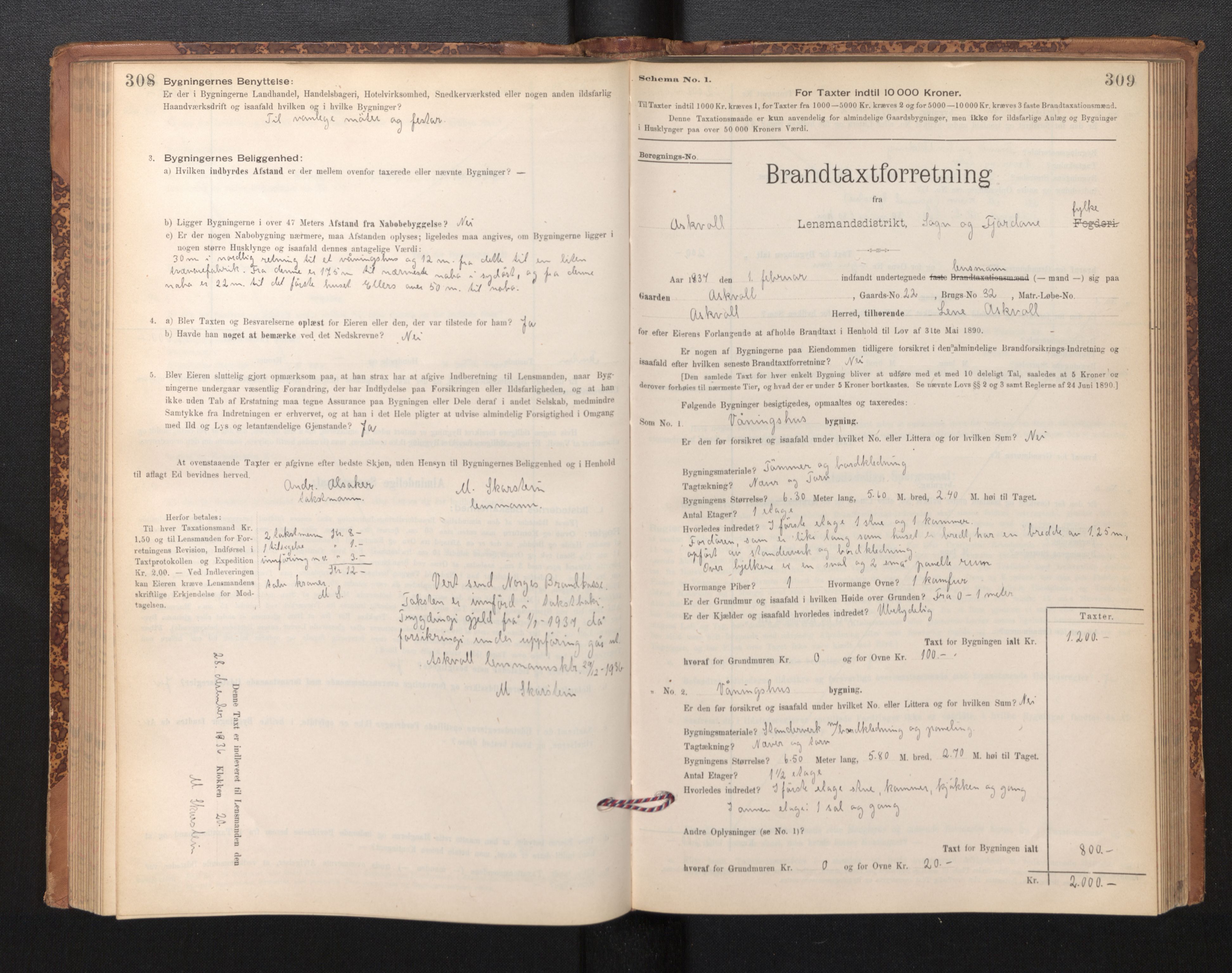 Lensmannen i Askvoll, SAB/A-26301/0012/L0004: Branntakstprotokoll, skjematakst og liste over branntakstmenn, 1895-1932, p. 308-309