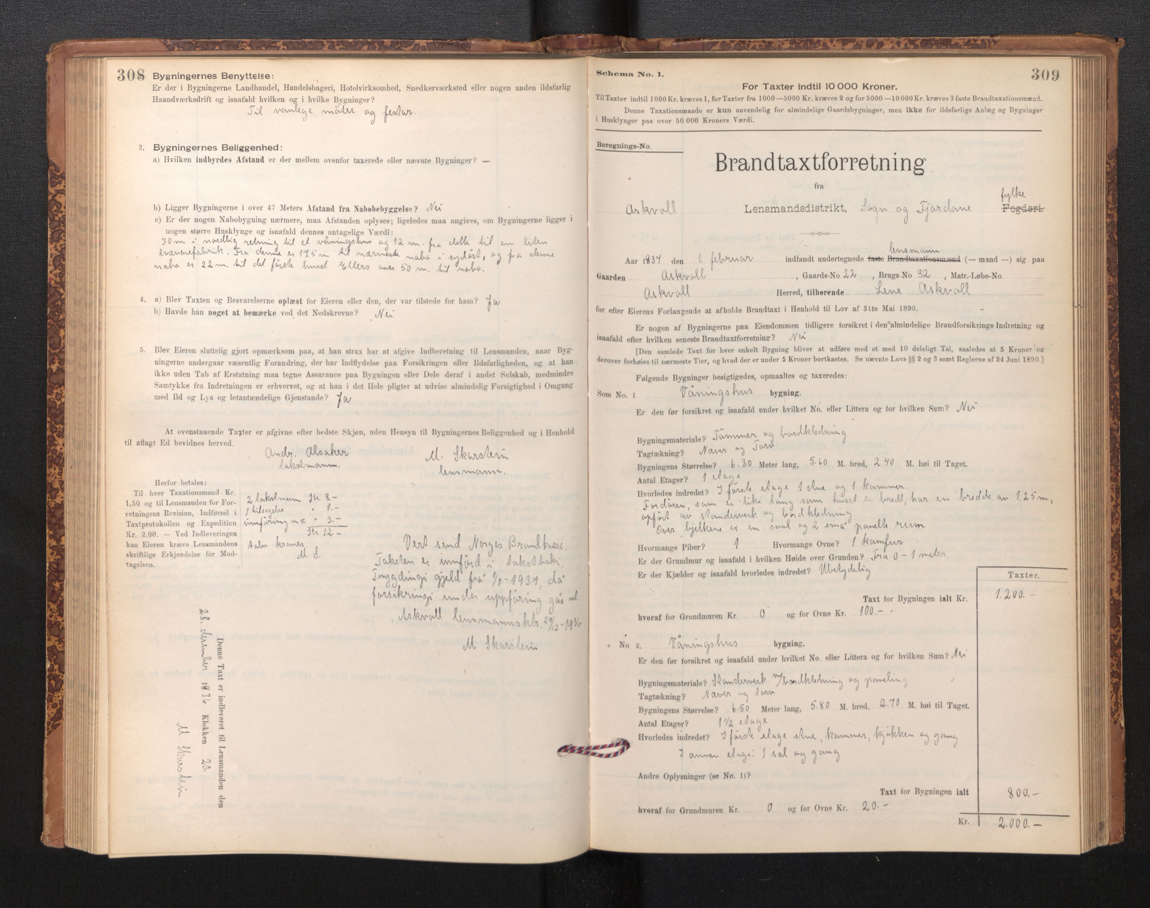 Lensmannen i Askvoll, AV/SAB-A-26301/0012/L0004: Branntakstprotokoll, skjematakst og liste over branntakstmenn, 1895-1932, p. 308-309