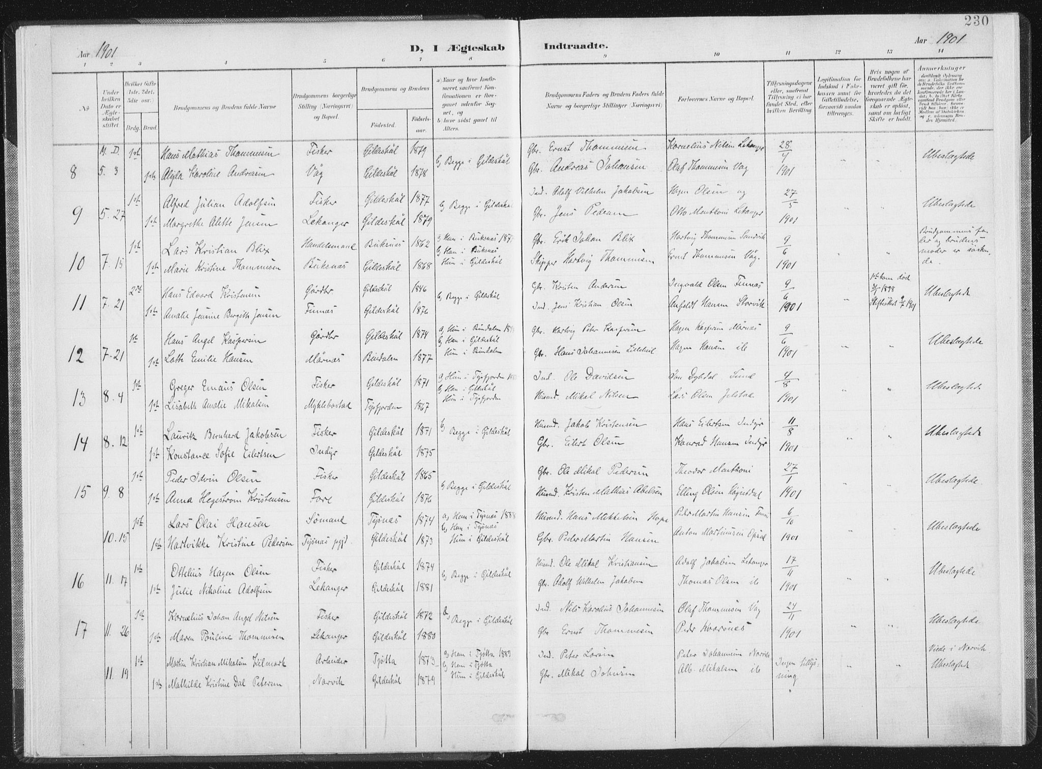 Ministerialprotokoller, klokkerbøker og fødselsregistre - Nordland, AV/SAT-A-1459/805/L0103: Parish register (official) no. 805A08II, 1900-1909, p. 230