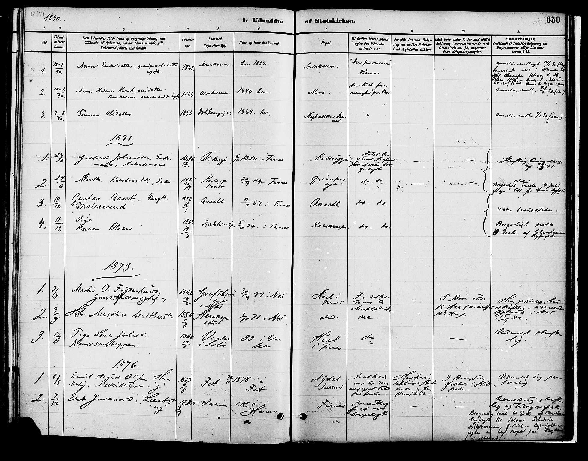 Vang prestekontor, Hedmark, SAH/PREST-008/H/Ha/Haa/L0018B: Parish register (official) no. 18B, 1880-1906, p. 650