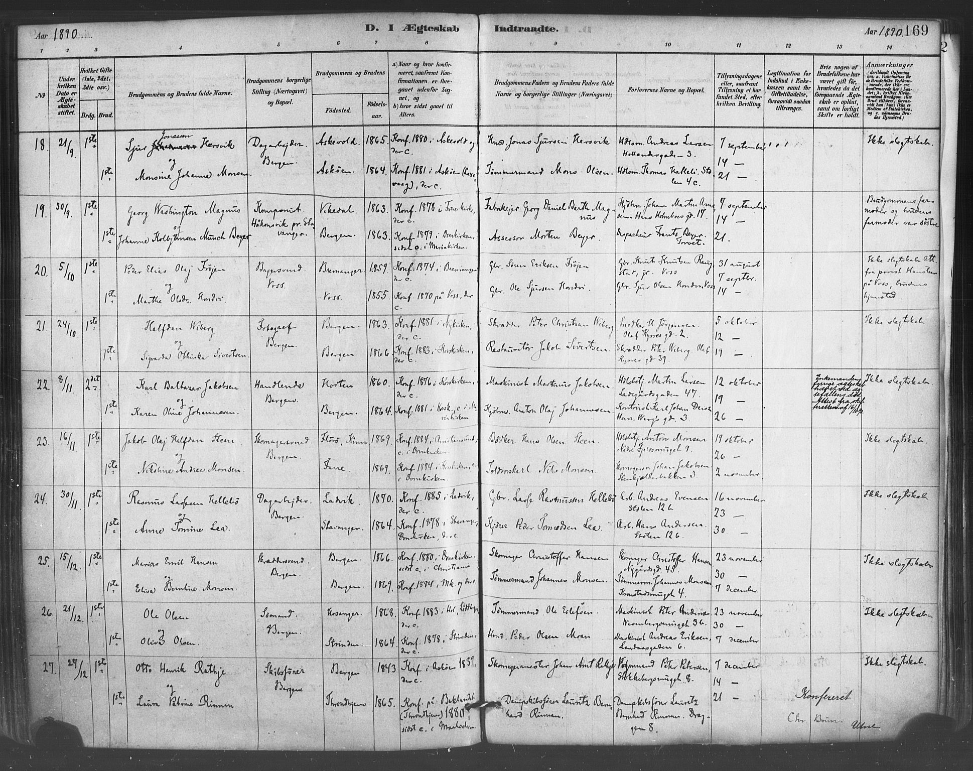 Mariakirken Sokneprestembete, SAB/A-76901/H/Haa/L0007: Parish register (official) no. A 7, 1878-1893, p. 169
