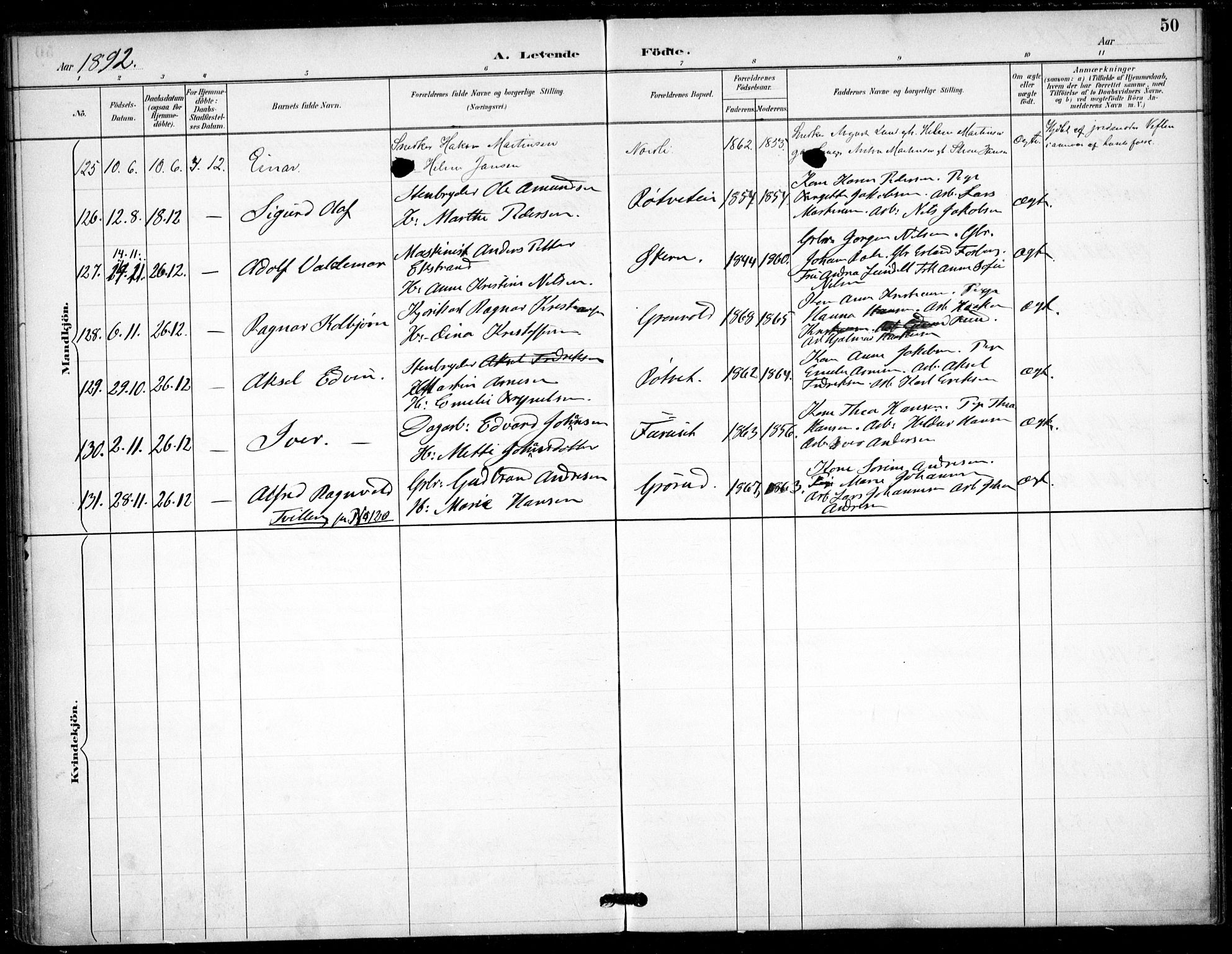 Østre Aker prestekontor Kirkebøker, AV/SAO-A-10840/F/Fa/L0009: Parish register (official) no. I 9, 1890-1894, p. 50