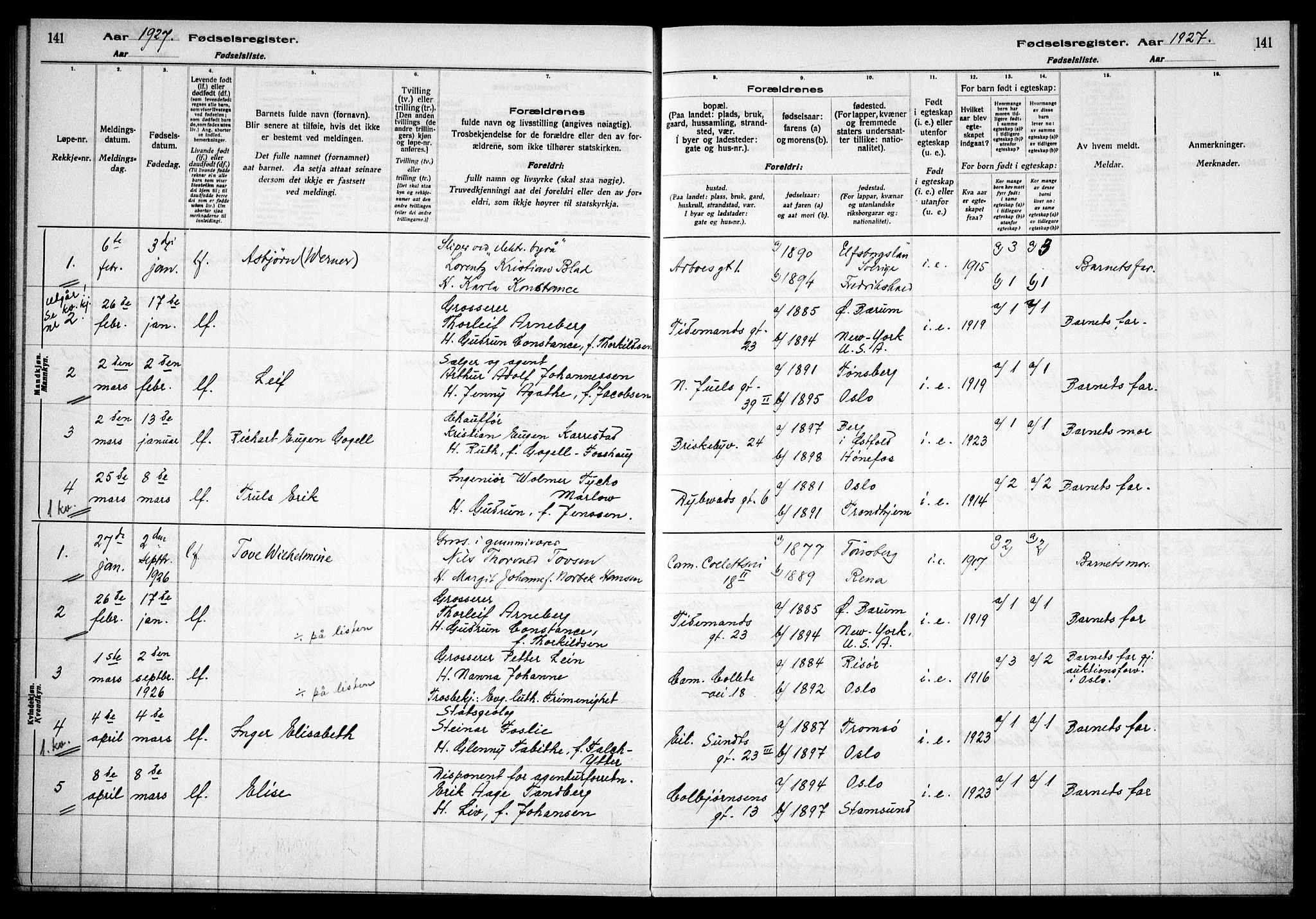 Uranienborg prestekontor Kirkebøker, AV/SAO-A-10877/J/Ja/L0001: Birth register no. 1, 1916-1930, p. 141