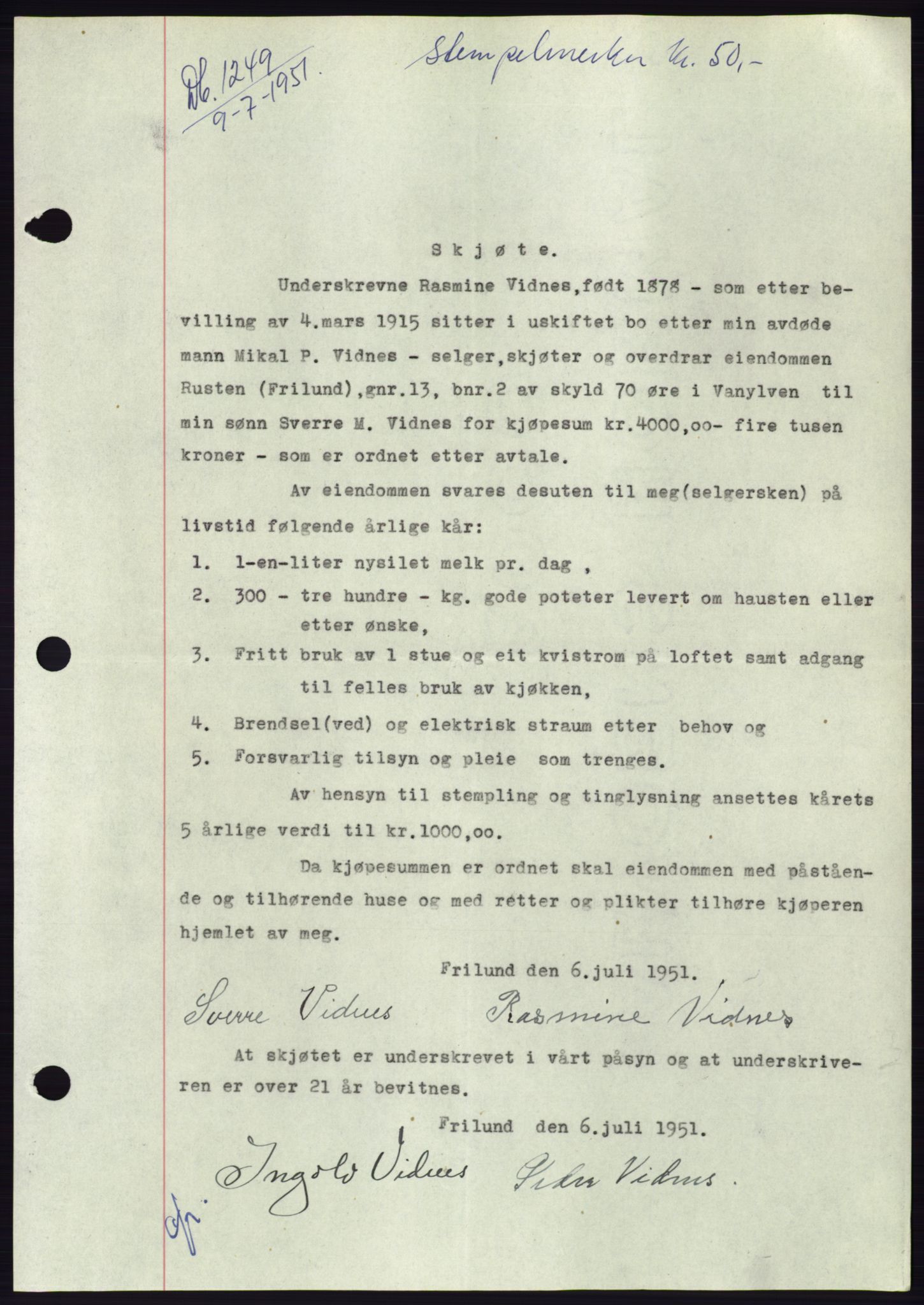 Søre Sunnmøre sorenskriveri, AV/SAT-A-4122/1/2/2C/L0089: Mortgage book no. 15A, 1951-1951, Diary no: : 1249/1951