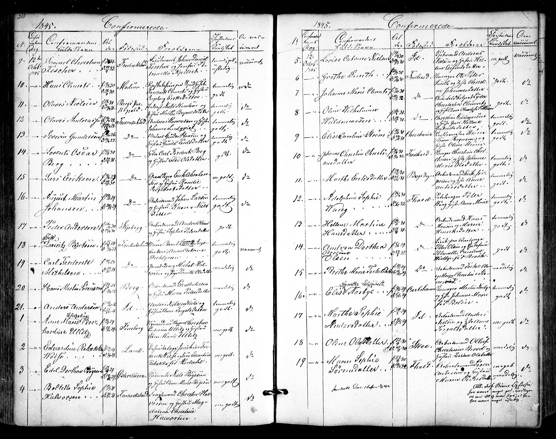 Halden prestekontor Kirkebøker, SAO/A-10909/F/Fa/L0006: Parish register (official) no. I 6, 1845-1856, p. 210