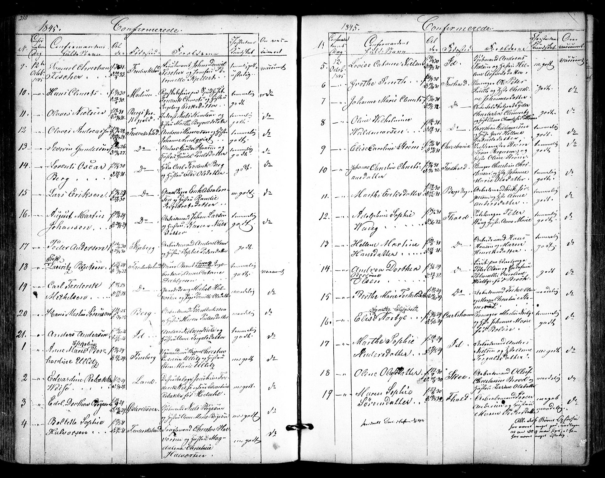 Halden prestekontor Kirkebøker, AV/SAO-A-10909/F/Fa/L0006: Parish register (official) no. I 6, 1845-1856, p. 210