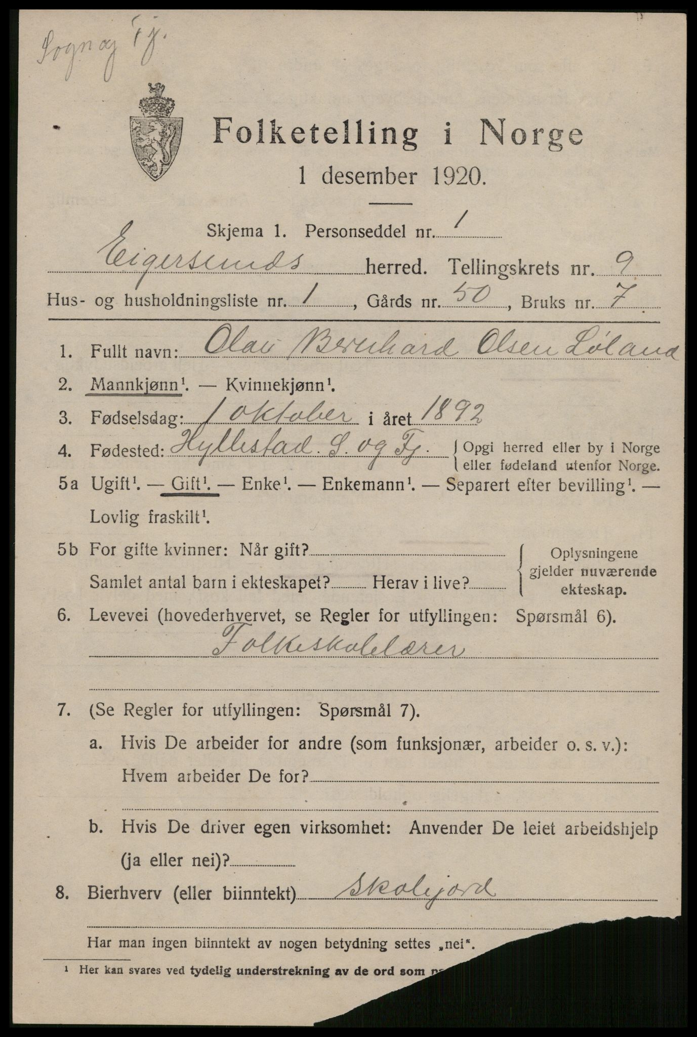 SAST, 1920 census for Eigersund, 1920, p. 5813