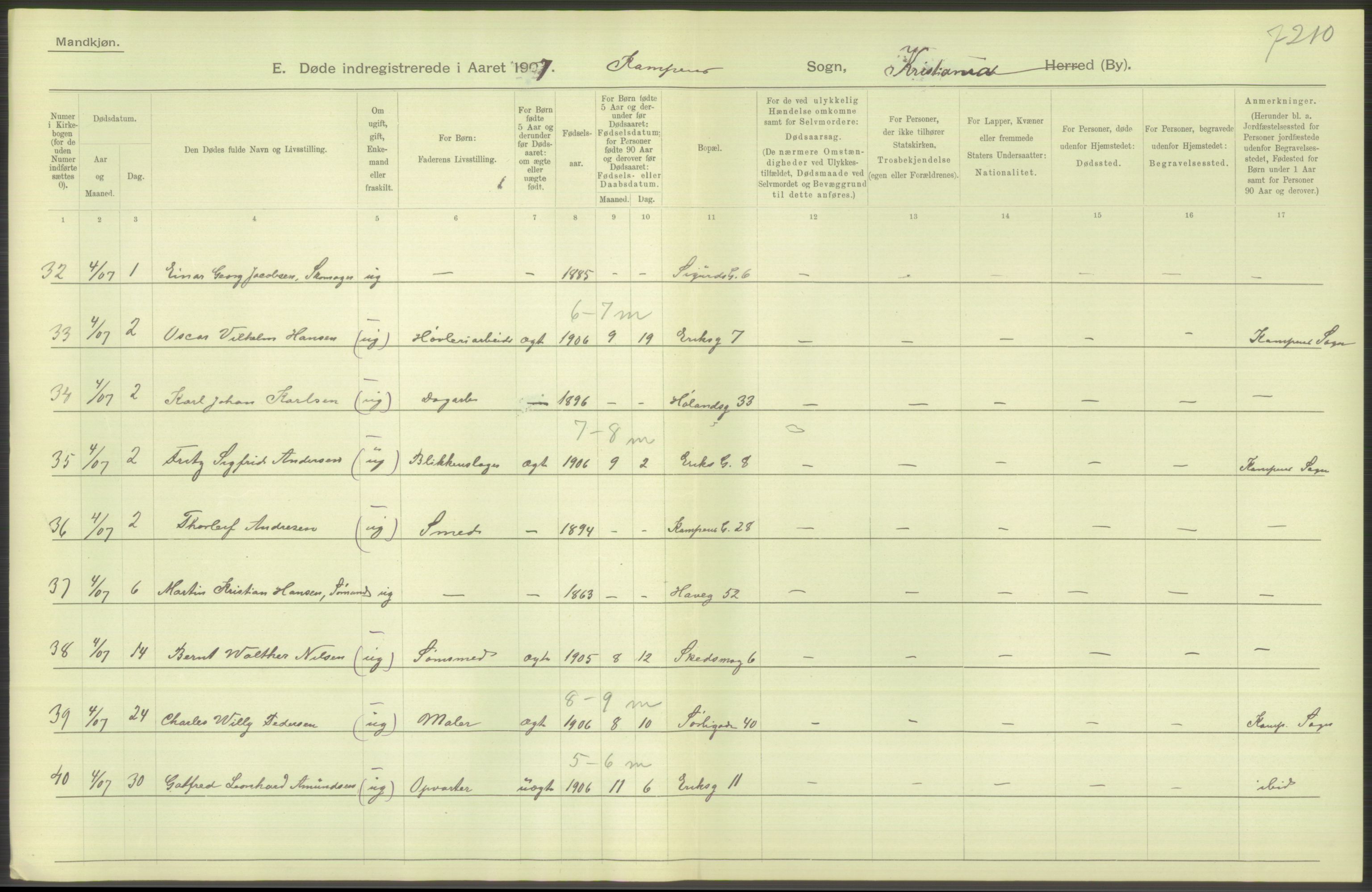 Statistisk sentralbyrå, Sosiodemografiske emner, Befolkning, AV/RA-S-2228/D/Df/Dfa/Dfae/L0010: Kristiania: Døde, dødfødte, 1907, p. 394