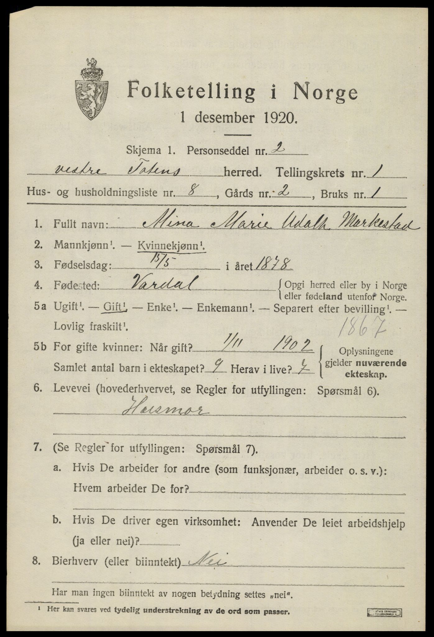 SAH, 1920 census for Vestre Toten, 1920, p. 1910