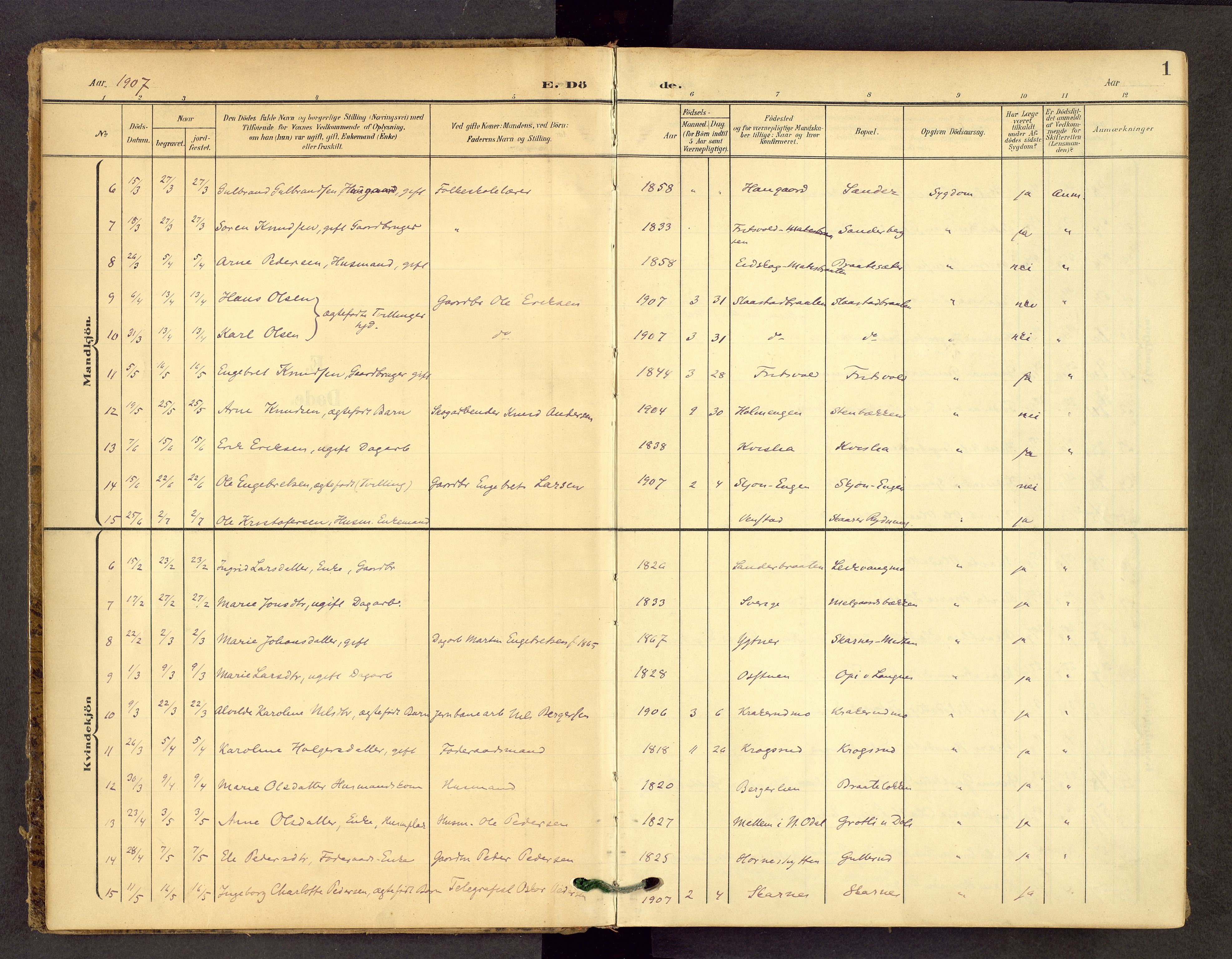 Sør-Odal prestekontor, SAH/PREST-030/H/Ha/Haa/L0010: Parish register (official) no. 10, 1907-1968, p. 1