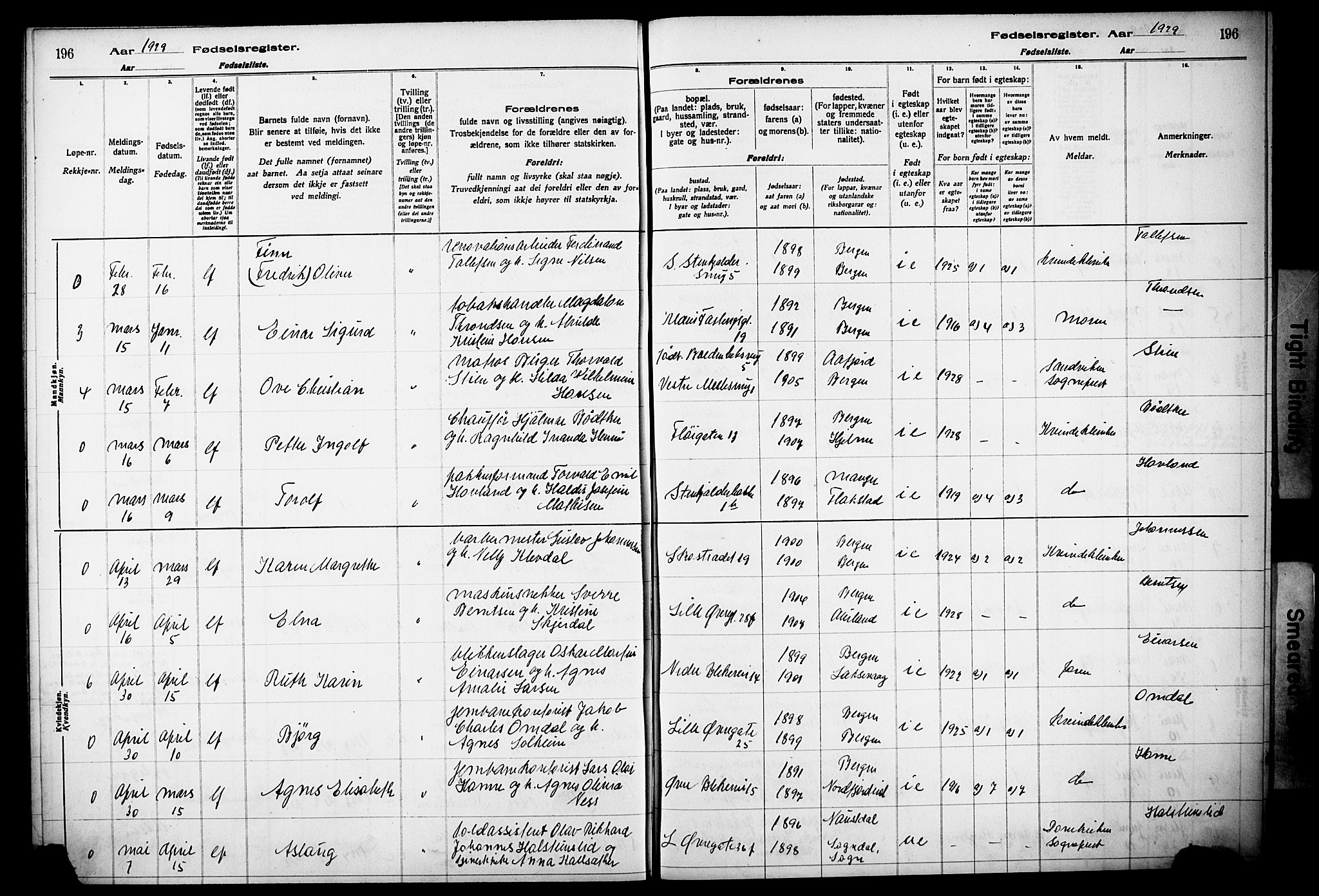 Korskirken sokneprestembete, AV/SAB-A-76101/I/Id/L00A1: Birth register no. A 1, 1916-1929, p. 196