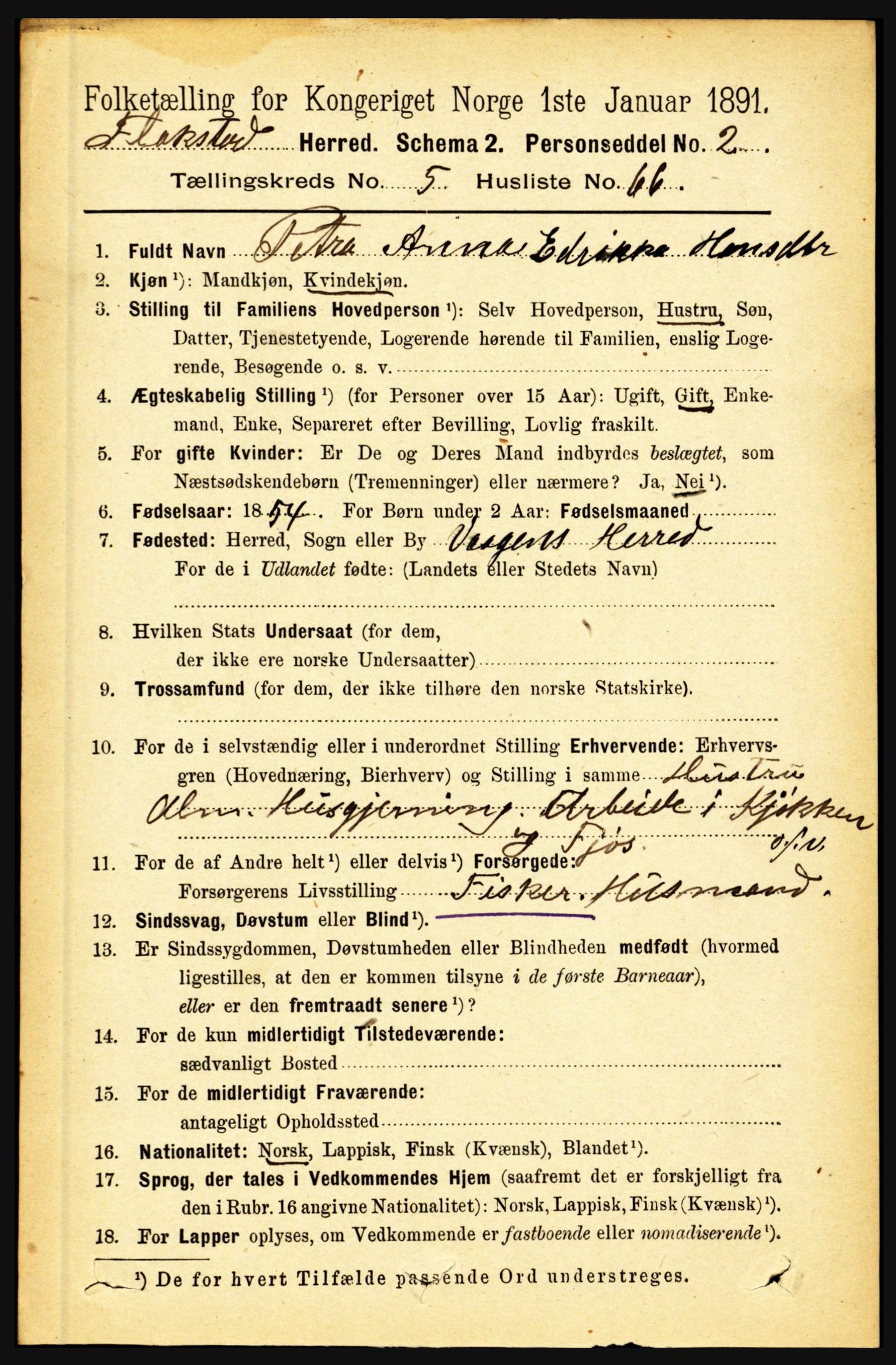 RA, 1891 census for 1859 Flakstad, 1891, p. 2920