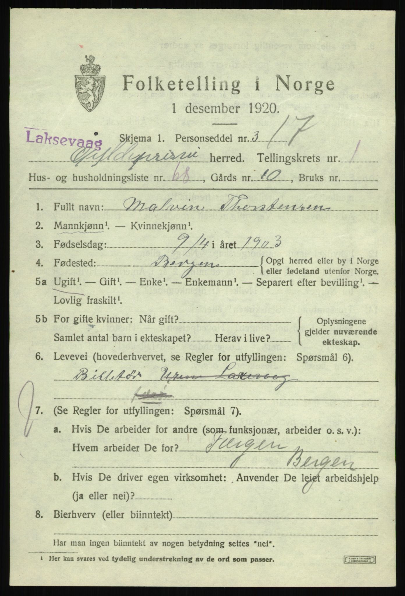 SAB, 1920 census for Laksevåg, 1920, p. 4724