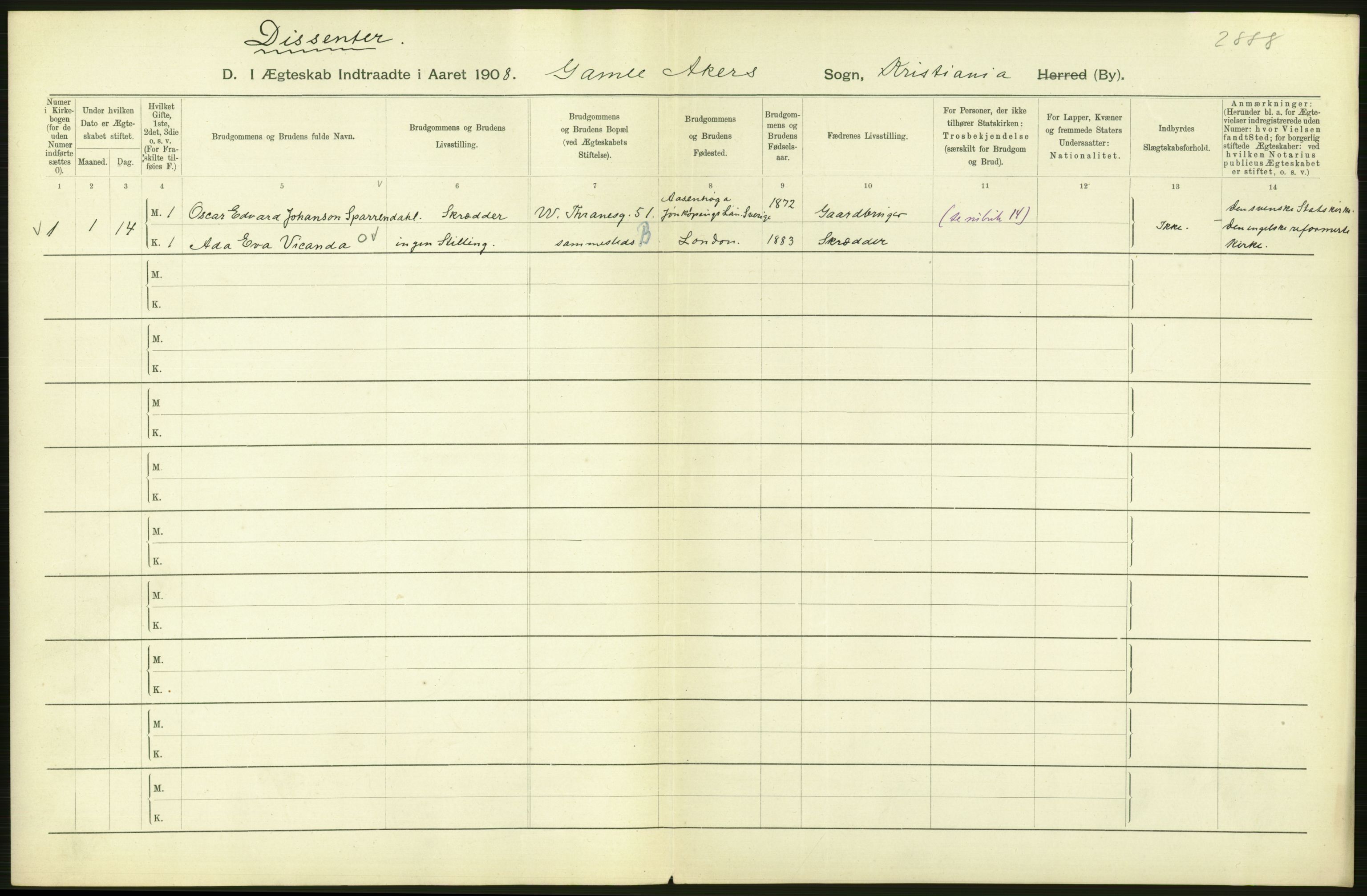 Statistisk sentralbyrå, Sosiodemografiske emner, Befolkning, AV/RA-S-2228/D/Df/Dfa/Dfaf/L0007: Kristiania: Gifte, 1908, p. 294