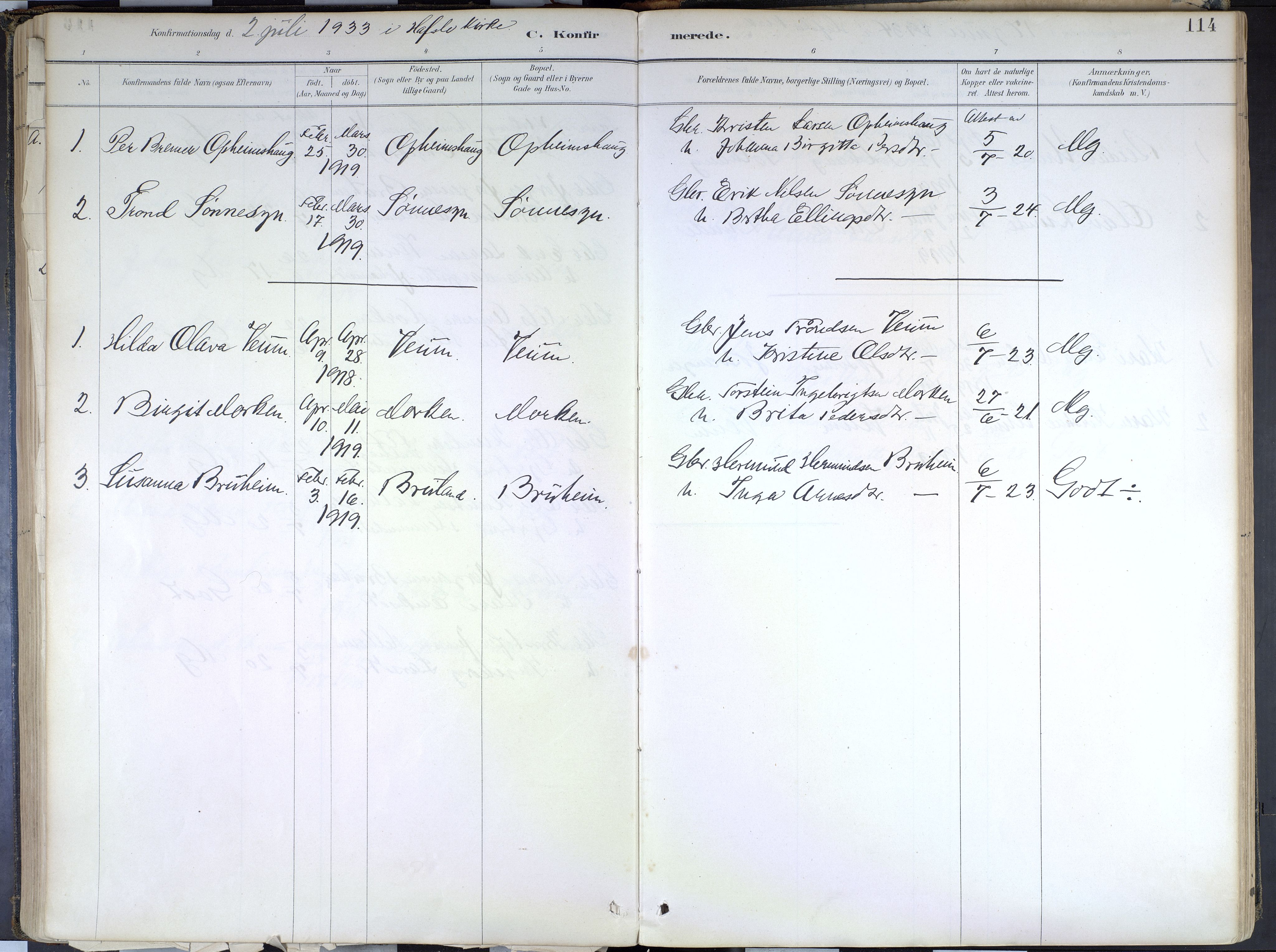 Hafslo sokneprestembete, SAB/A-80301/H/Haa/Haad/L0001: Parish register (official) no. D 1, 1886-1934, p. 114