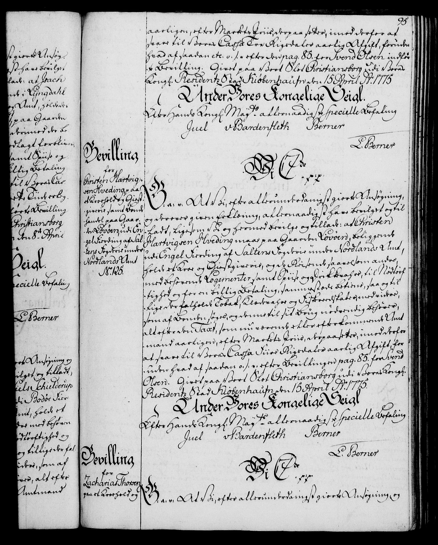 Rentekammeret, Kammerkanselliet, AV/RA-EA-3111/G/Gg/Gga/L0010: Norsk ekspedisjonsprotokoll med register (merket RK 53.10), 1773-1778, p. 95