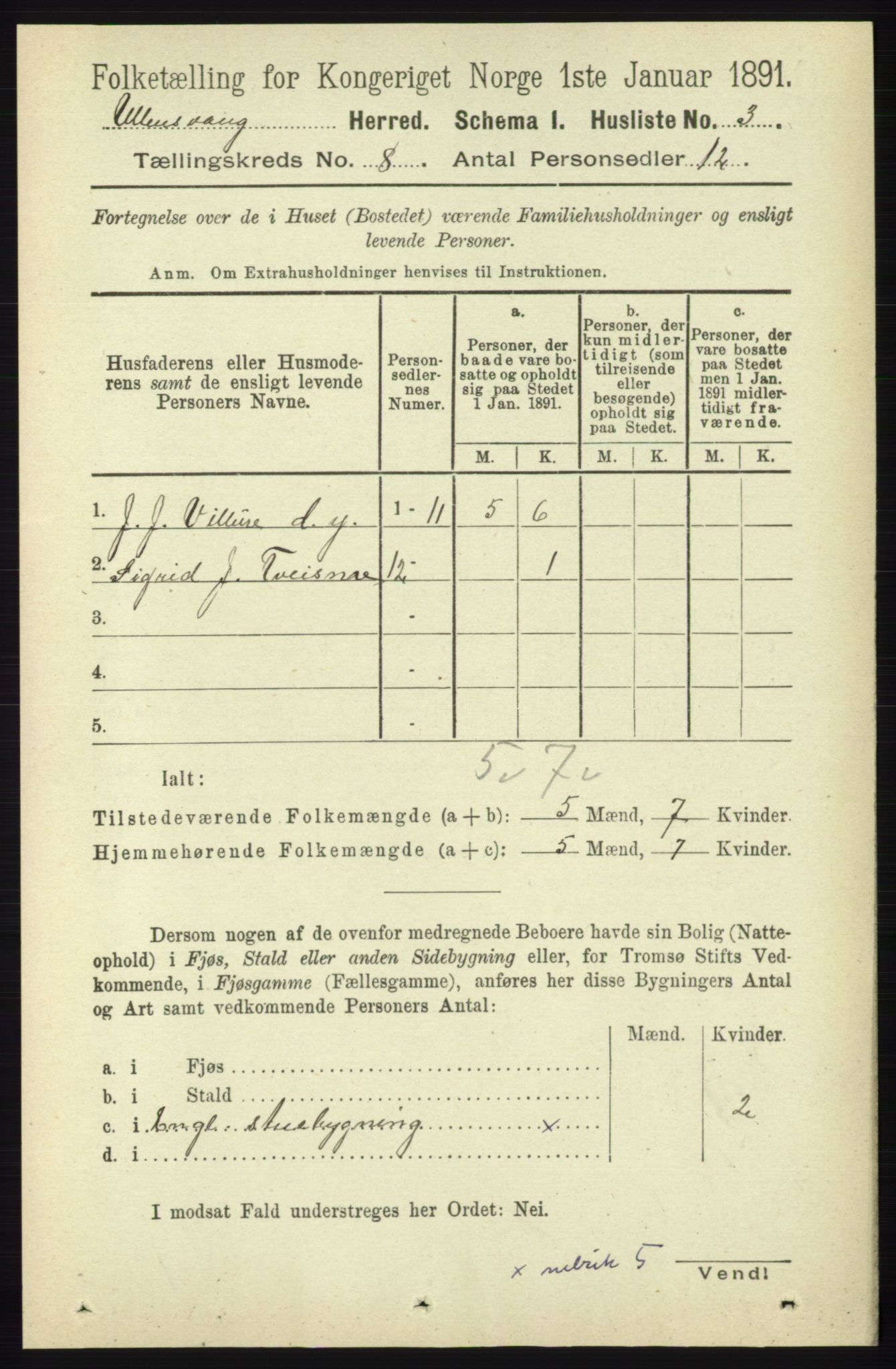 RA, 1891 census for 1230 Ullensvang, 1891, p. 2645