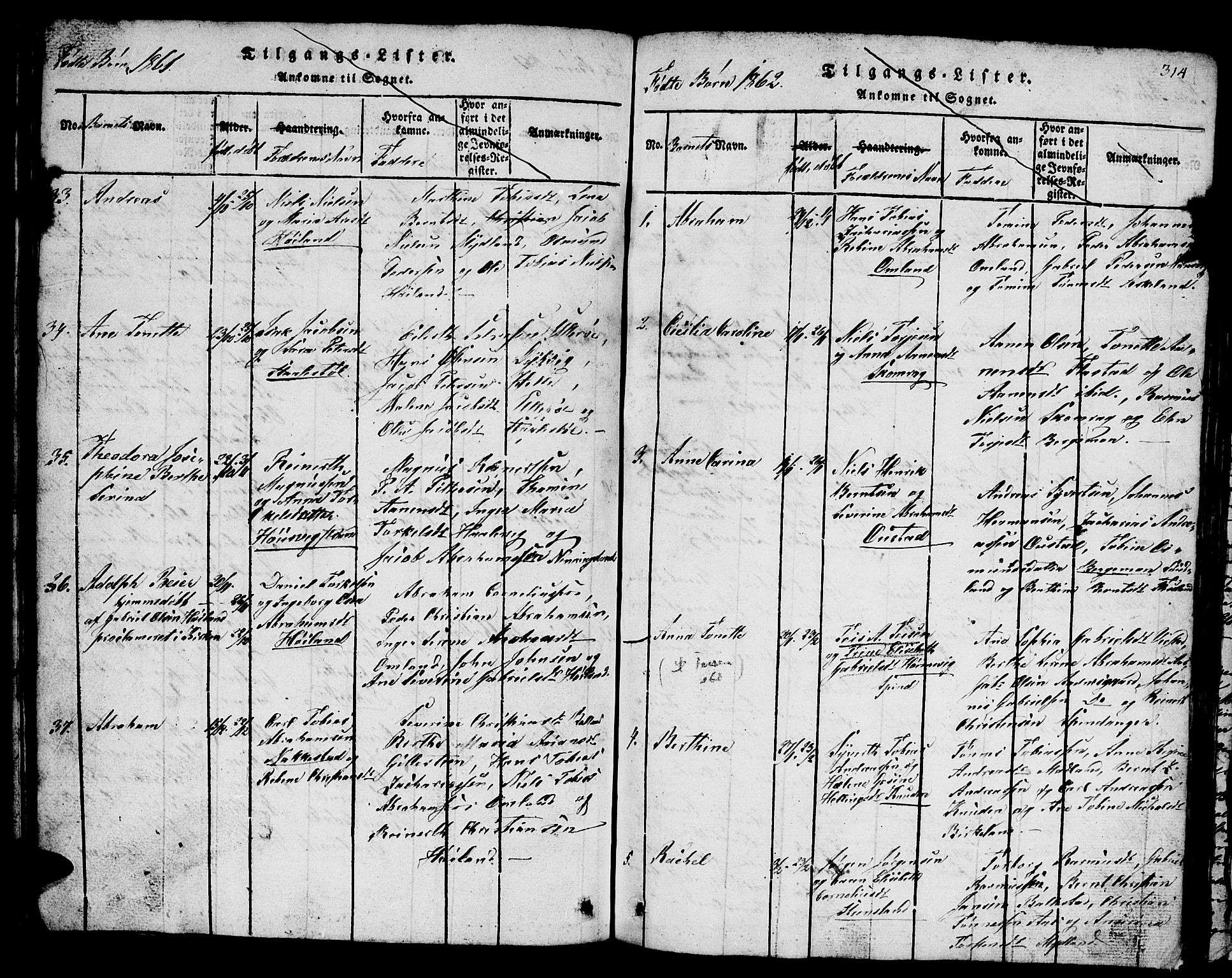 Lyngdal sokneprestkontor, SAK/1111-0029/F/Fb/Fba/L0001: Parish register (copy) no. B 1, 1816-1876, p. 314