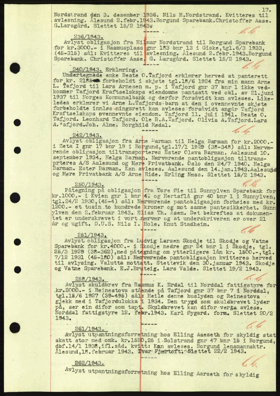 Nordre Sunnmøre sorenskriveri, SAT/A-0006/1/2/2C/2Ca: Mortgage book no. B1-6, 1938-1942, Diary no: : 236/1943