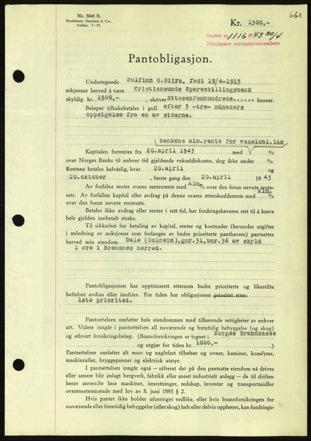 Nordmøre sorenskriveri, AV/SAT-A-4132/1/2/2Ca: Mortgage book no. B90, 1942-1943, Diary no: : 1116/1943