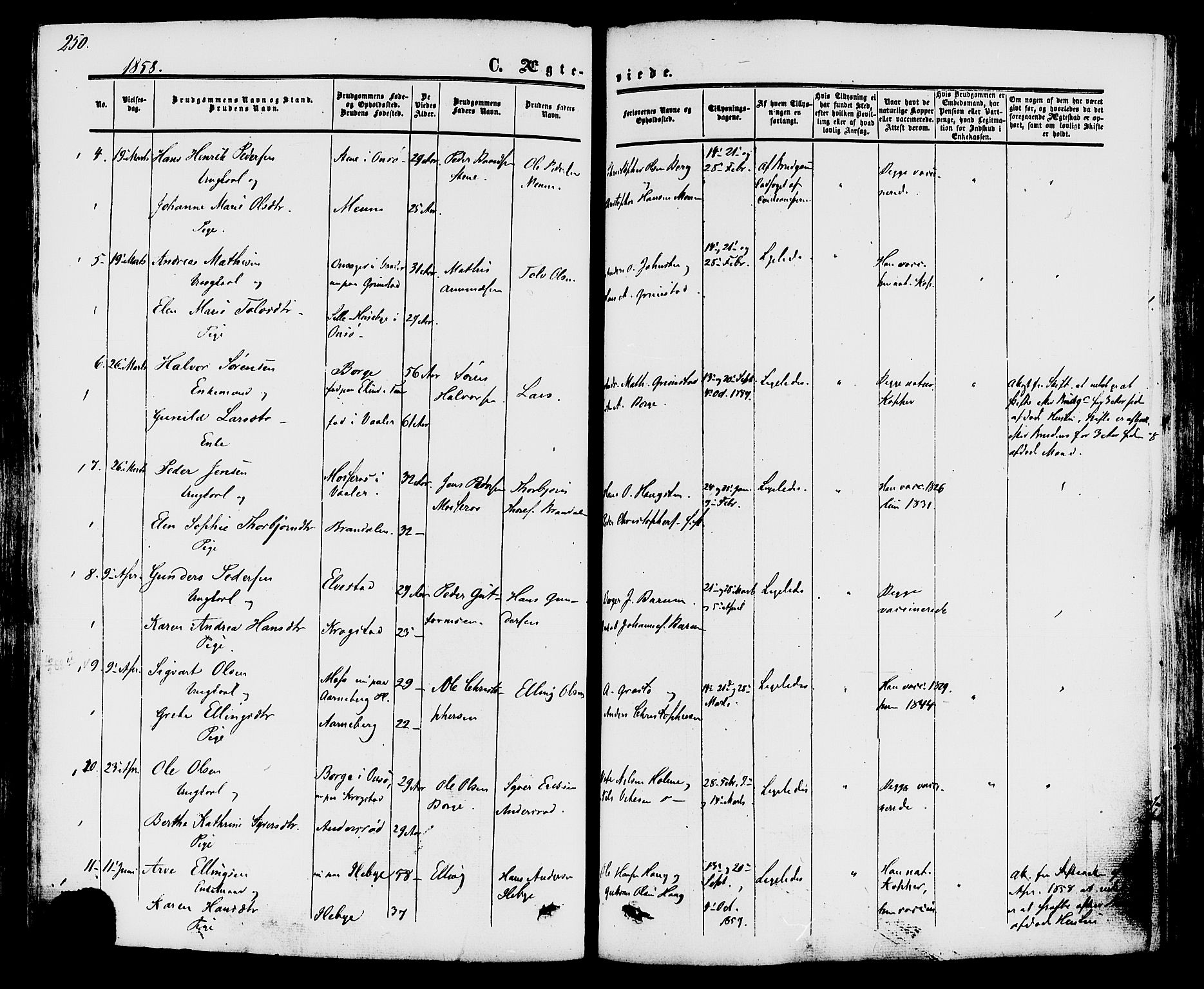 Råde prestekontor kirkebøker, AV/SAO-A-2009/F/Fa/L0006: Parish register (official) no. 6, 1854-1877, p. 250