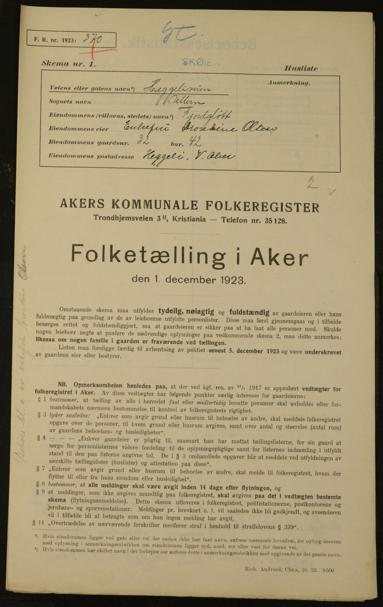 , Municipal Census 1923 for Aker, 1923, p. 2341